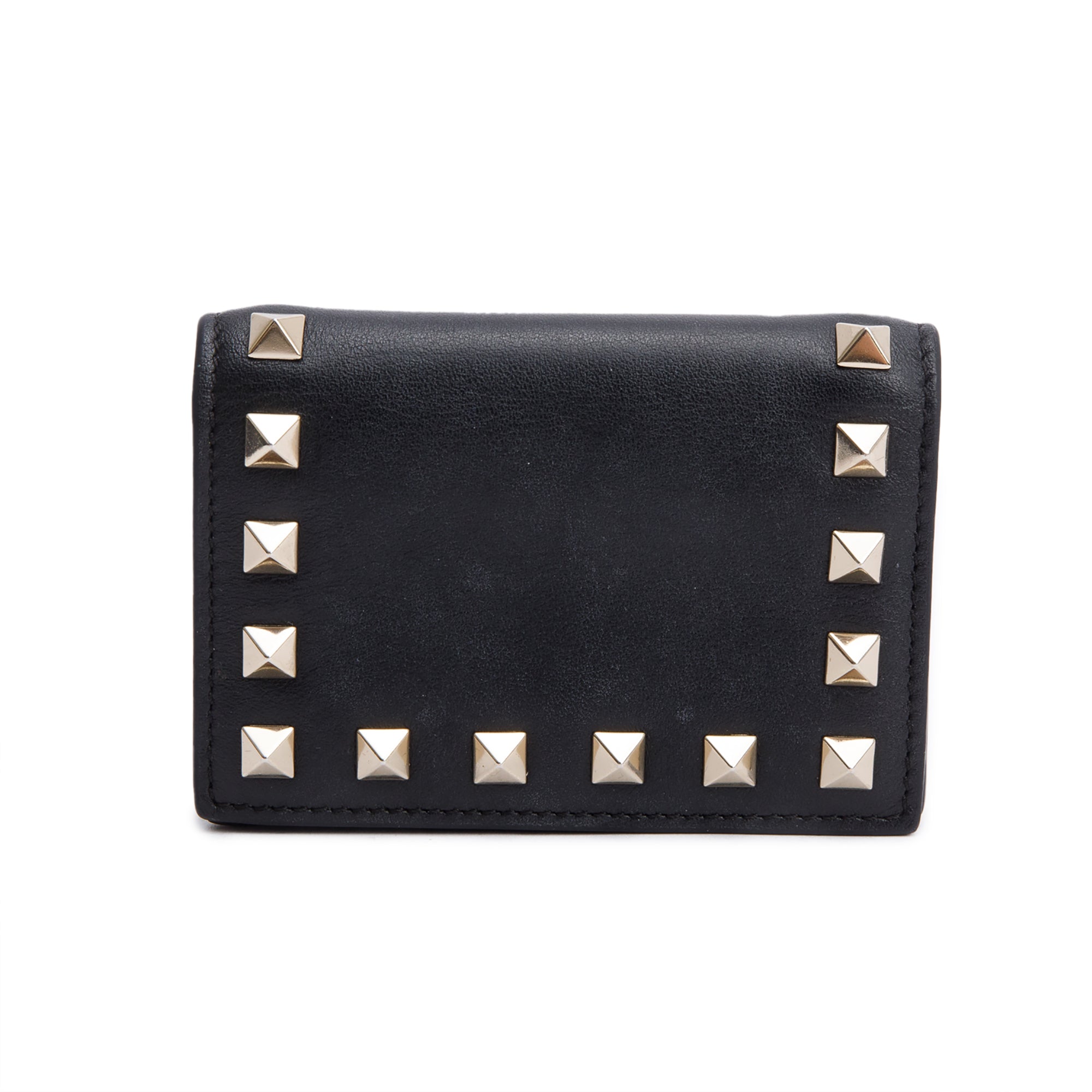 Valentino Black Calfskin Leather Rockstud Flap Card Holder Wallet