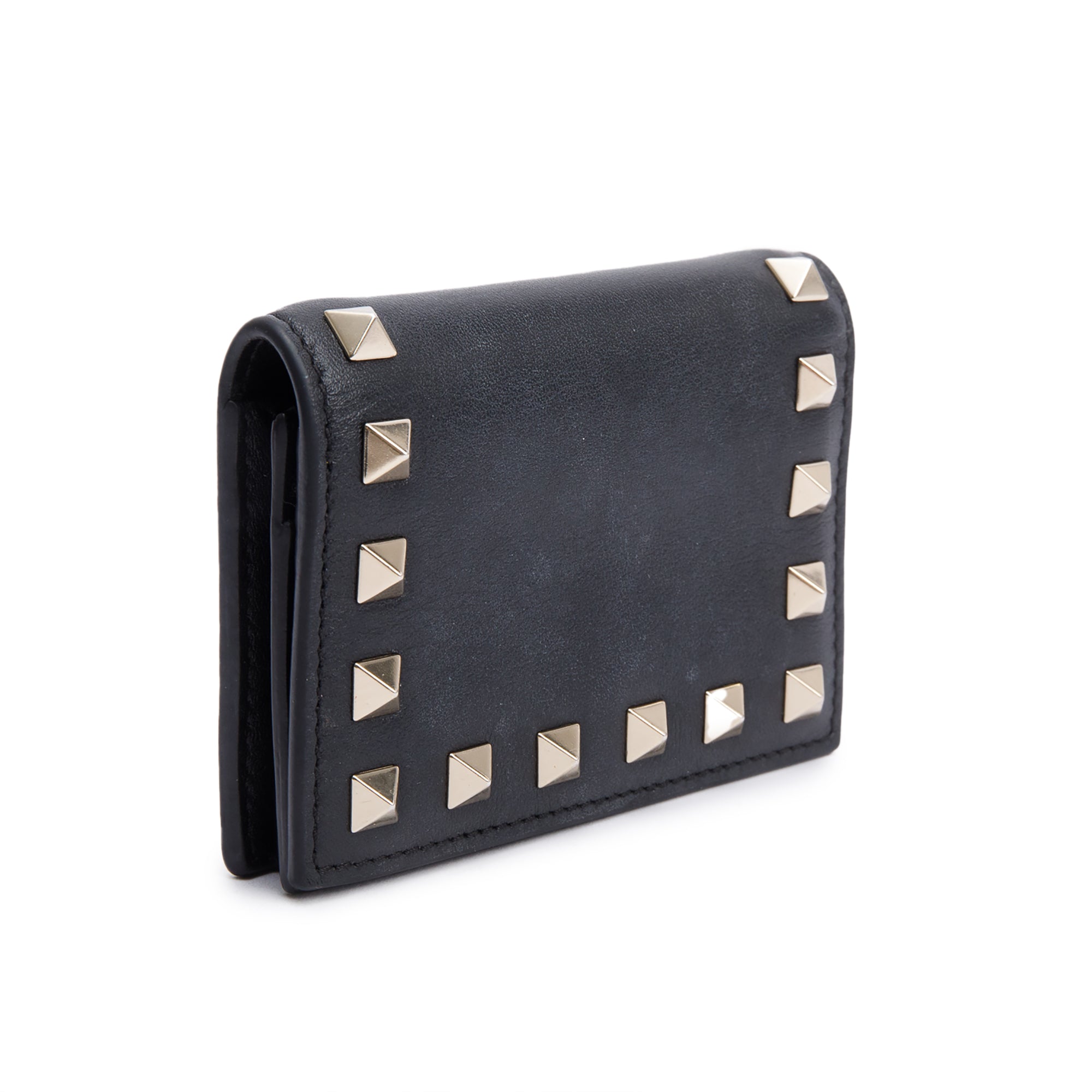 Valentino Black Calfskin Leather Rockstud Flap Card Holder Wallet