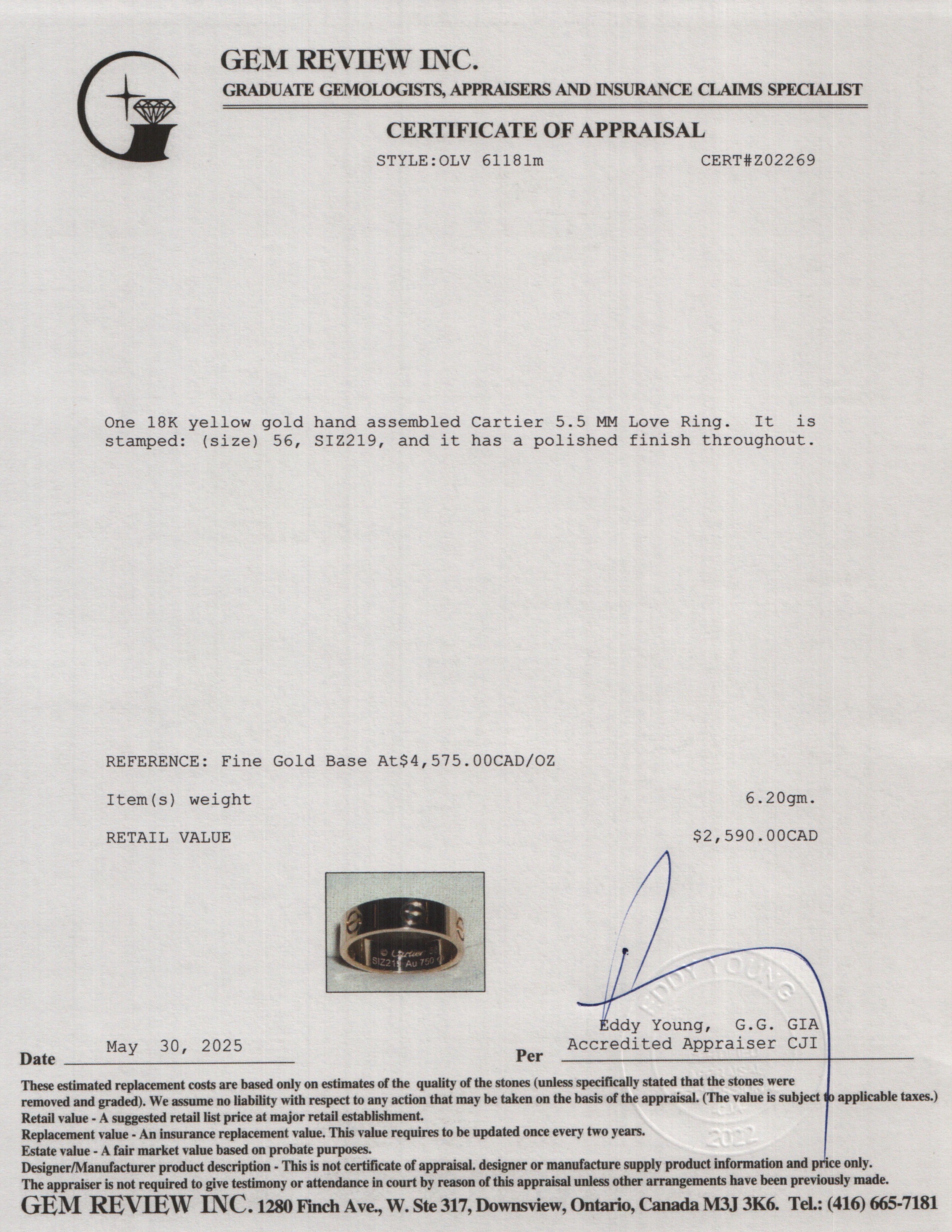 Cartier 2023 18k Yellow Gold 5.5 MM Love Ring, Size 56 7.75 w/ Box, Receipt & Certificate