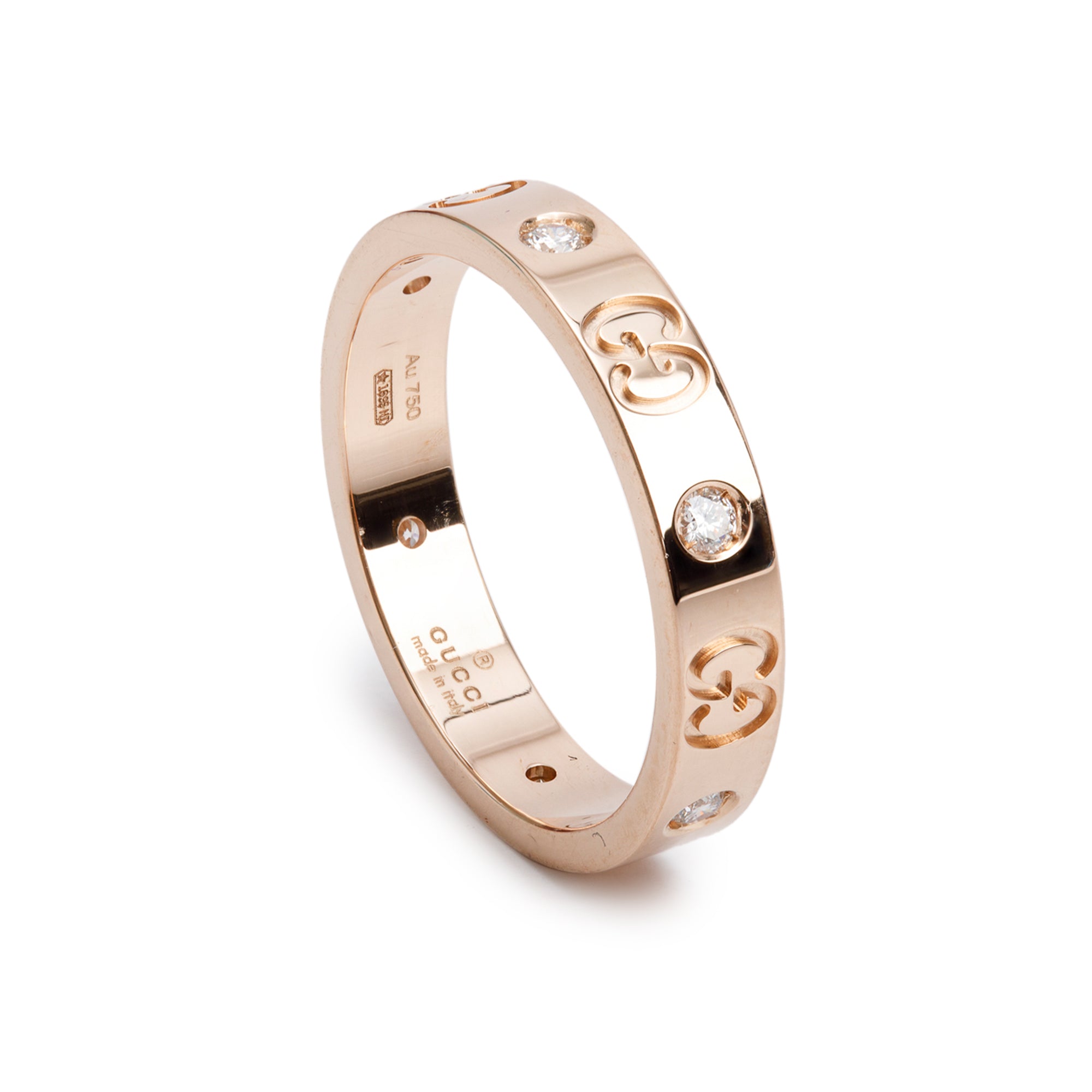 Gucci 18k Rose Gold Diamond Icon Band Ring, Size 18 8.25 w/ Box