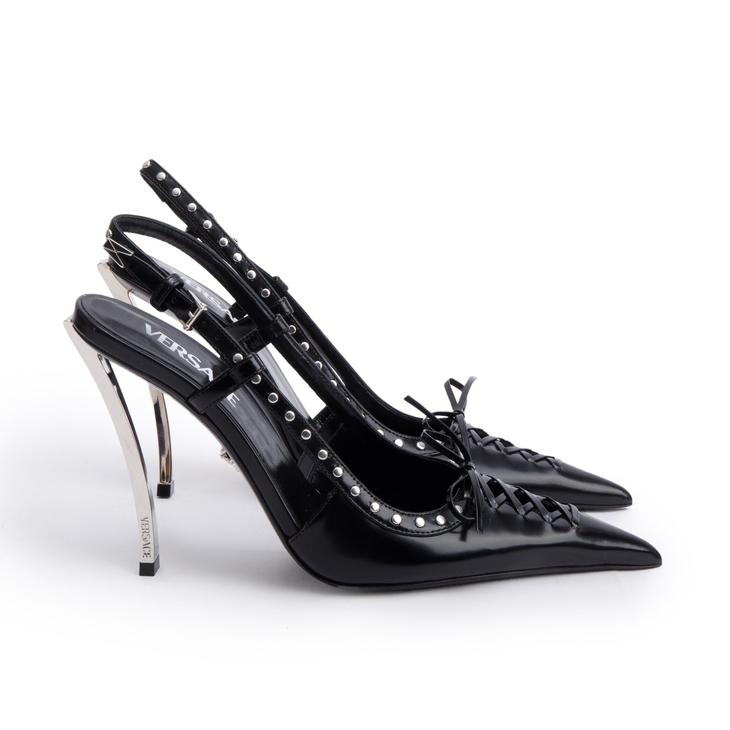 Versace Black Leather Studded Accent Slingback Pumps, Size 37 w/ Box