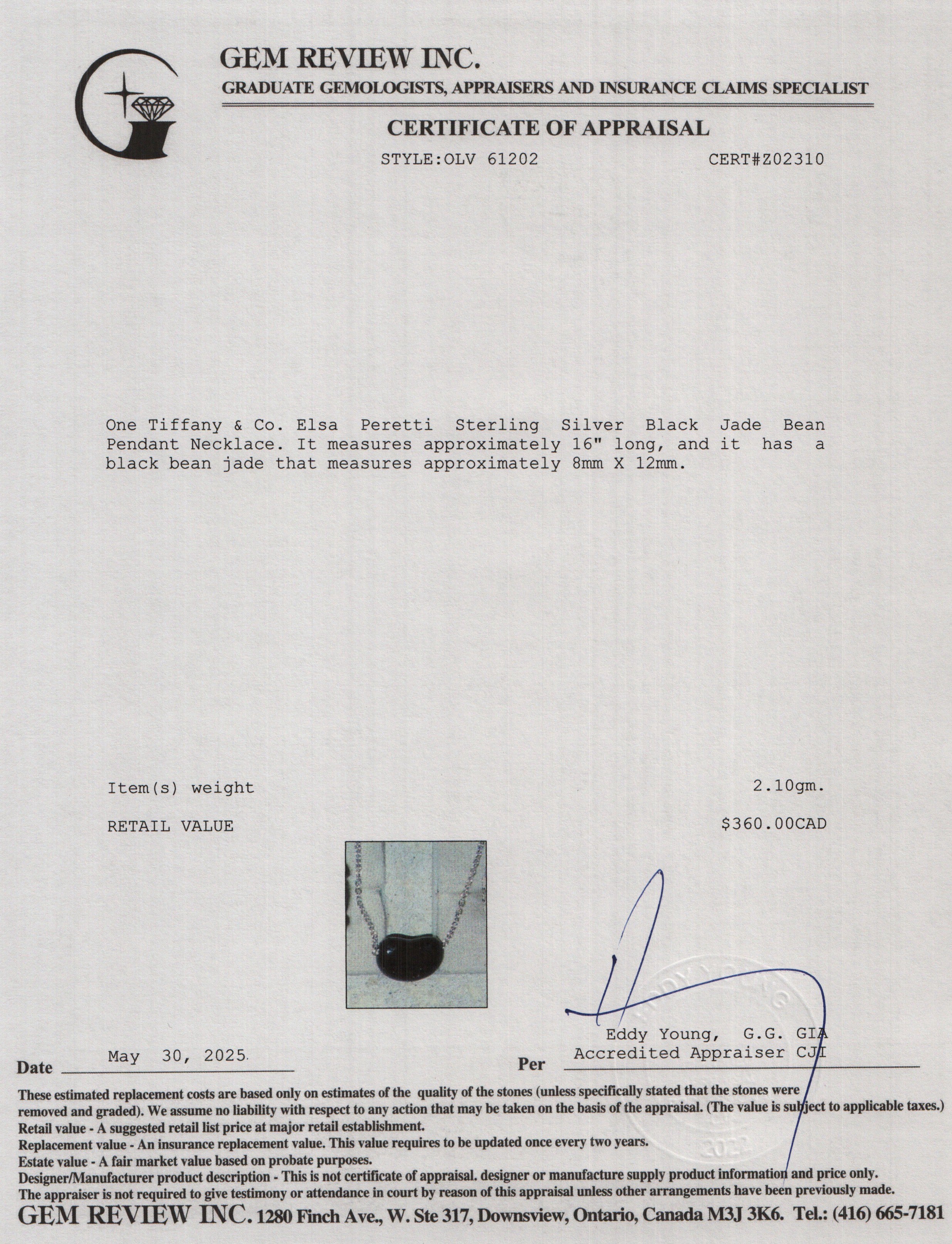 Tiffany & Co. Elsa Peretti Sterling Silver 12 MM Black Jade Bean Pendant Necklace