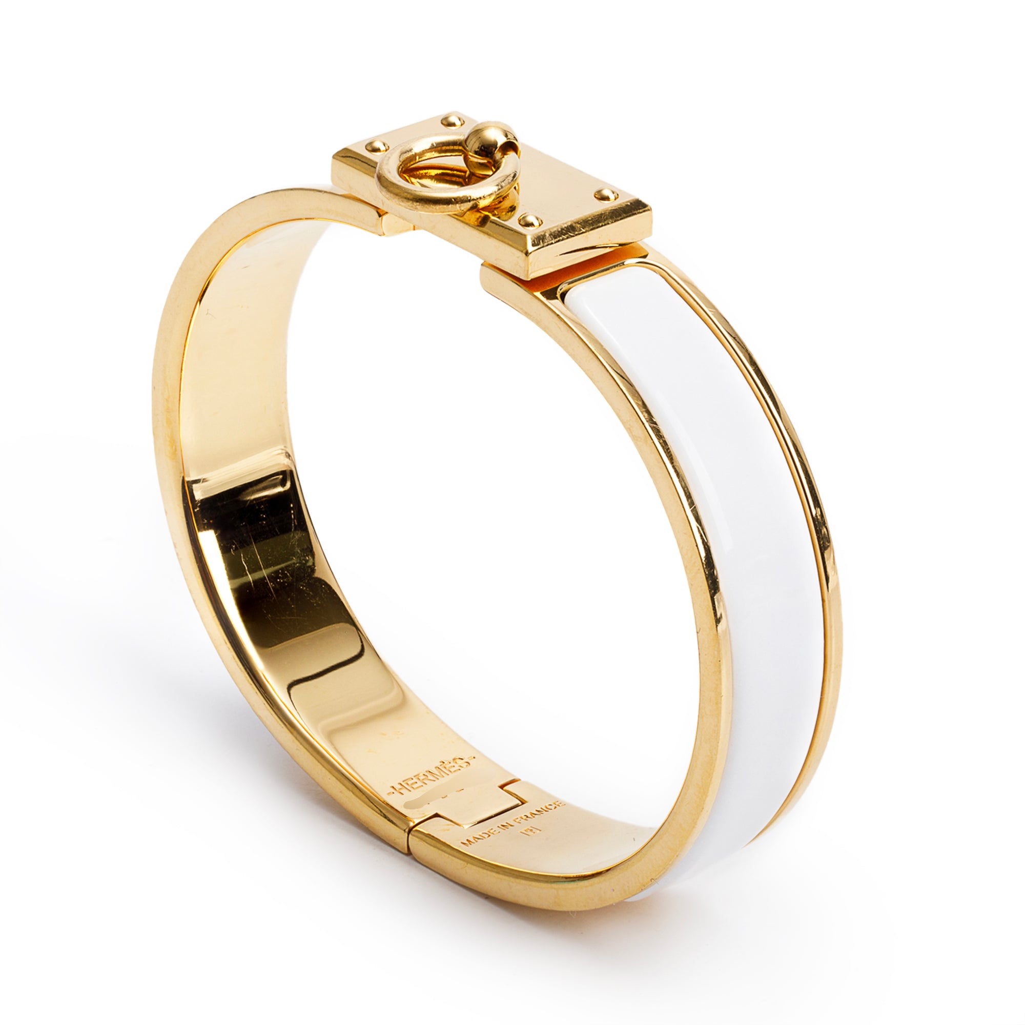 Hermes Yellow Gold-Plated White Enamel 12 MM Clic Anneau Bracelet