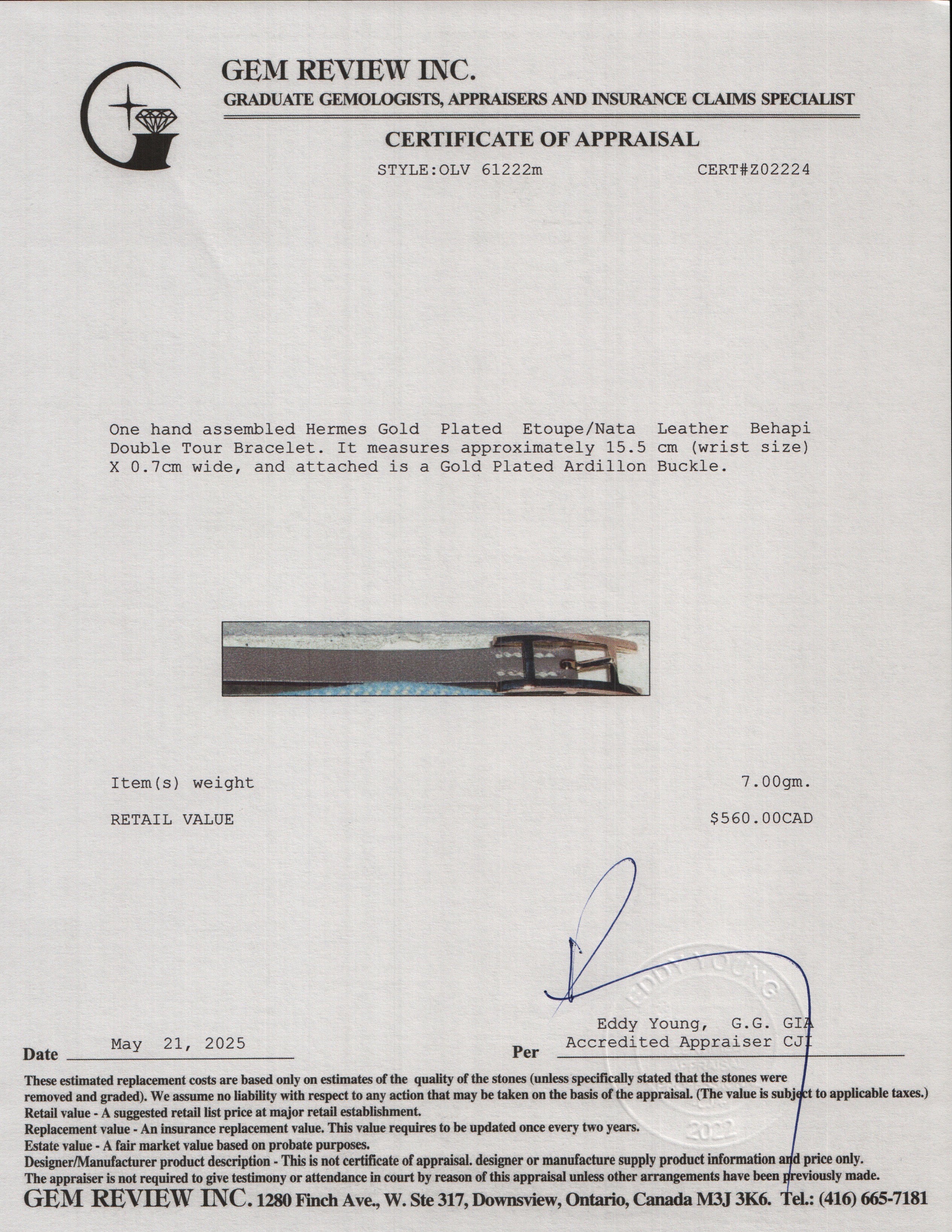 Hermes Gold Plated Etoupe/Nata Leather Behapi Double Tour Bracelet, Size S w/ Box