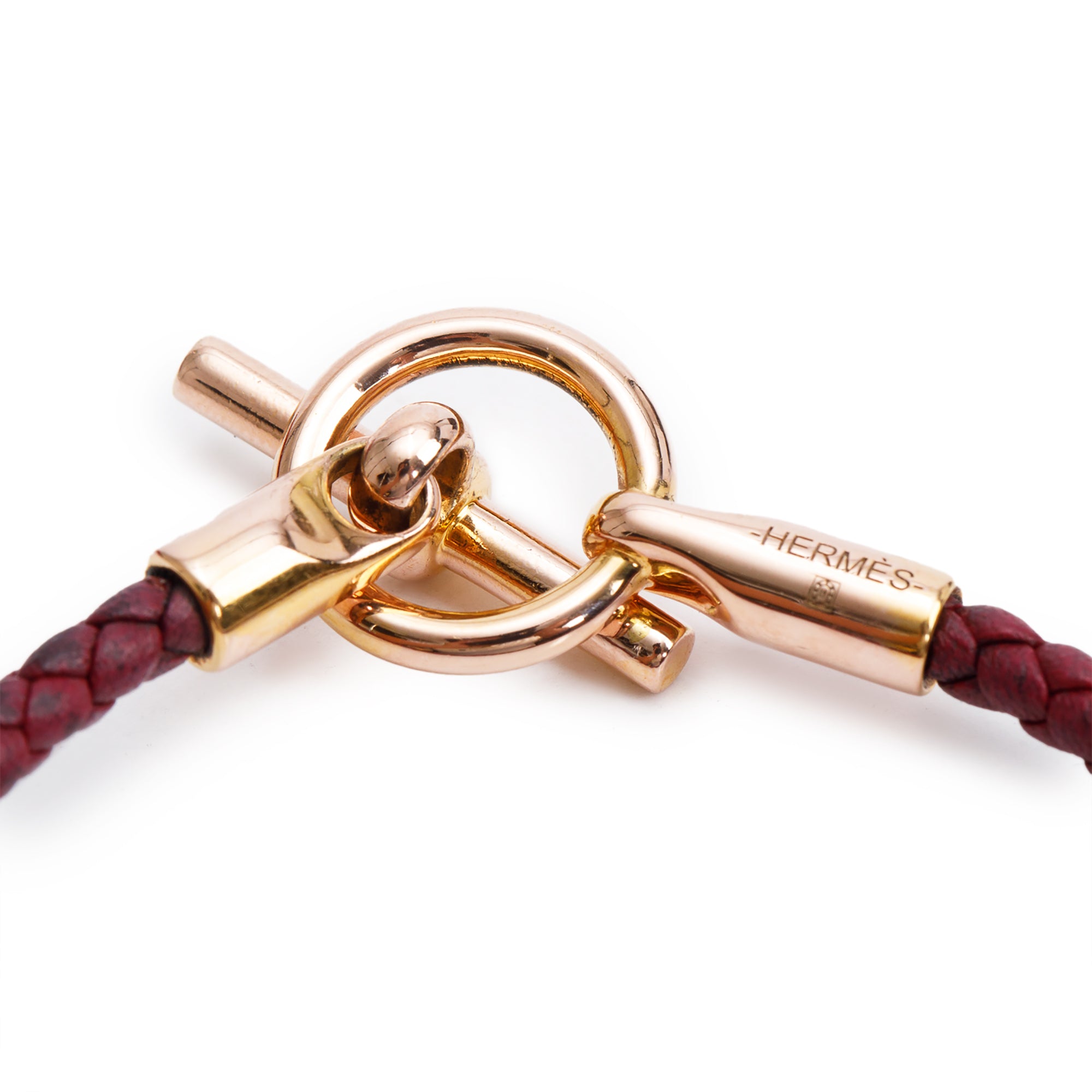Hermes Rose Gold Plated Glenan H Burgundy Braided Calfskin Leather Bracelet