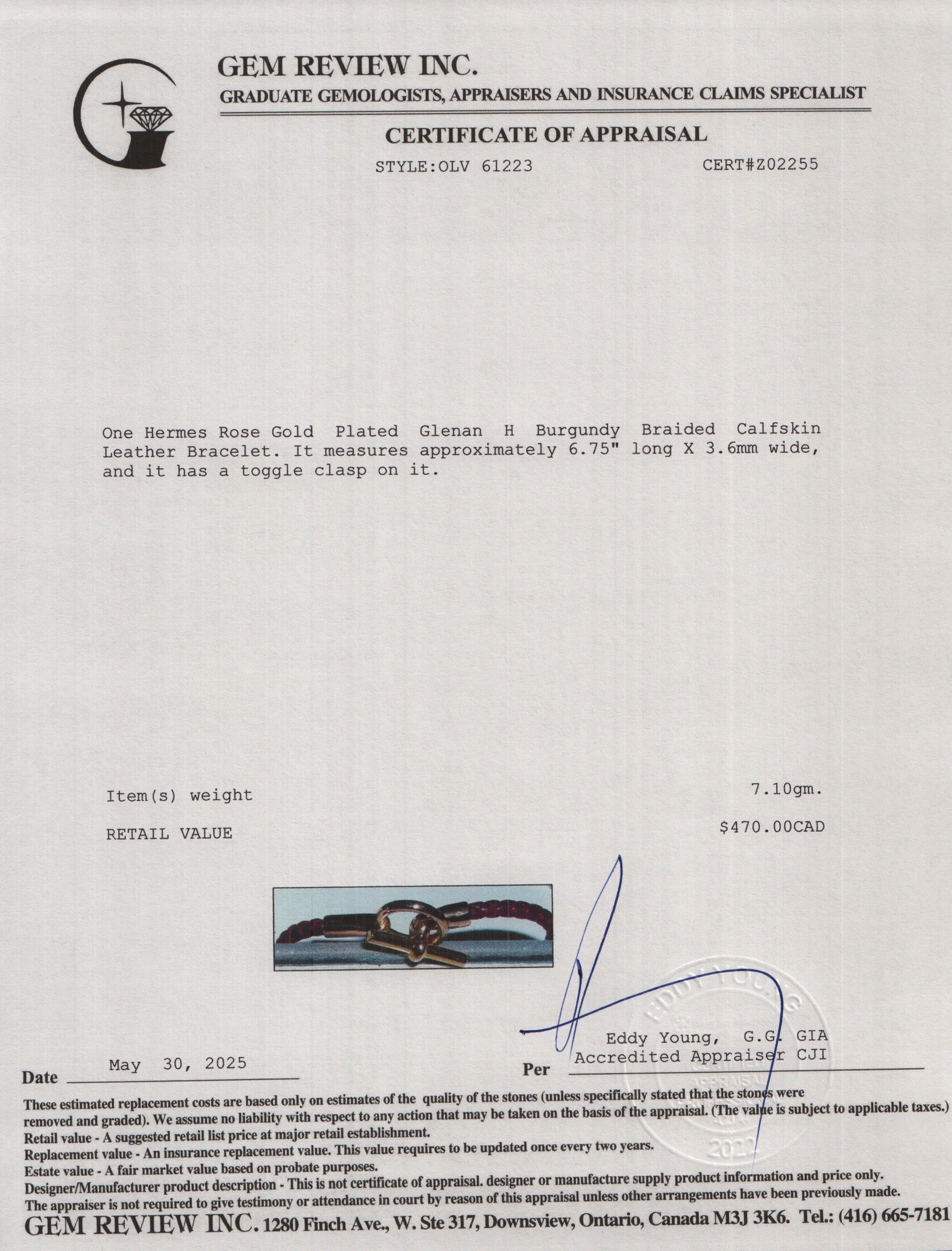 Hermes Rose Gold Plated Glenan H Burgundy Braided Calfskin Leather Bracelet