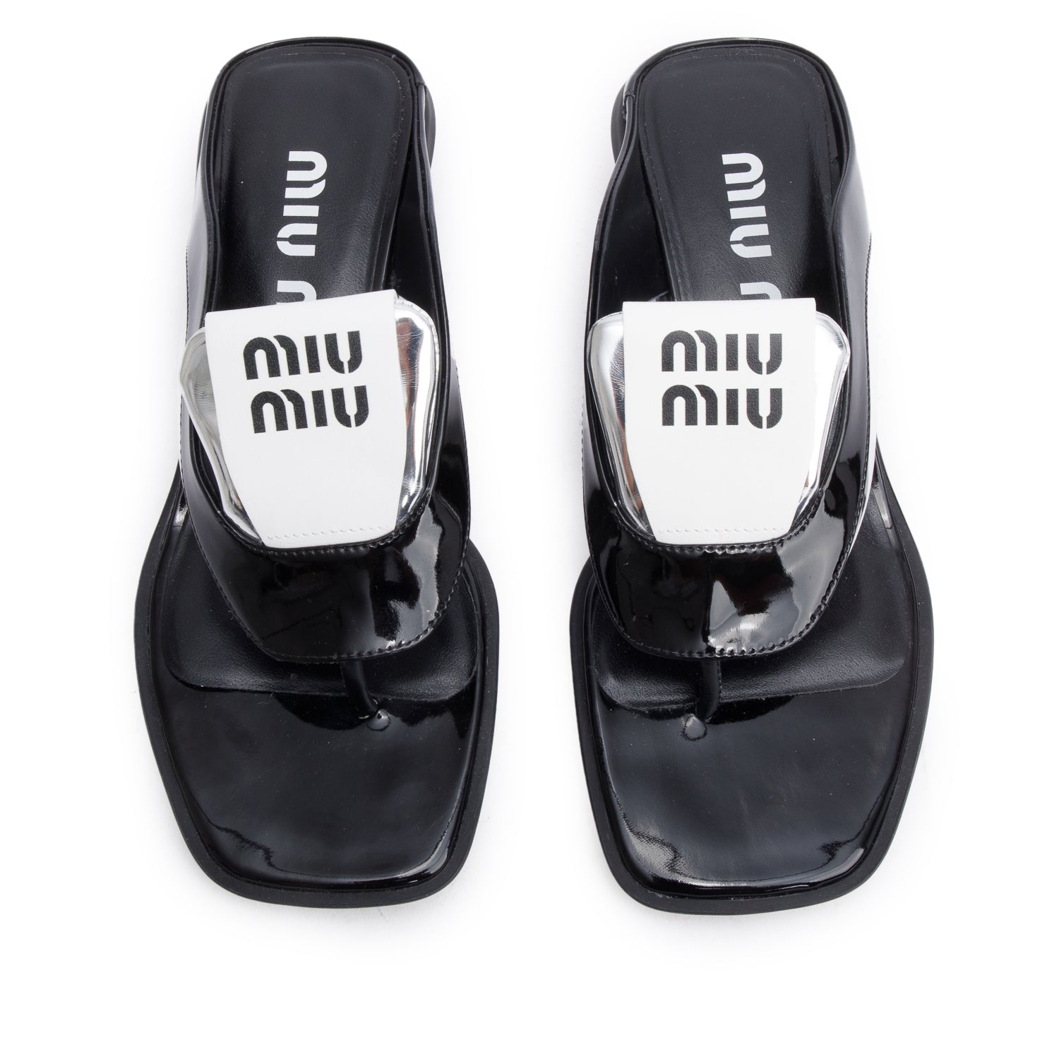 Miu Miu White Black Patent Leather Front Logo Soccer Thong Sandals, Size 35.5