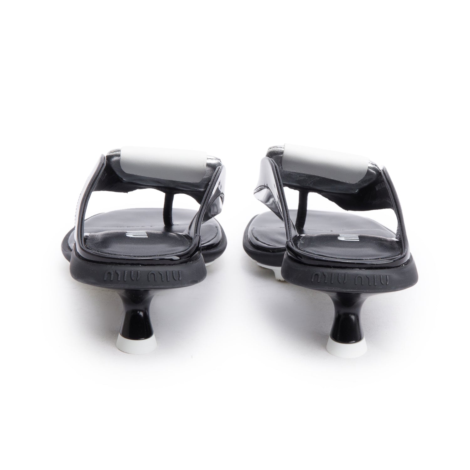 Miu Miu White Black Patent Leather Front Logo Soccer Thong Sandals, Size 35.5
