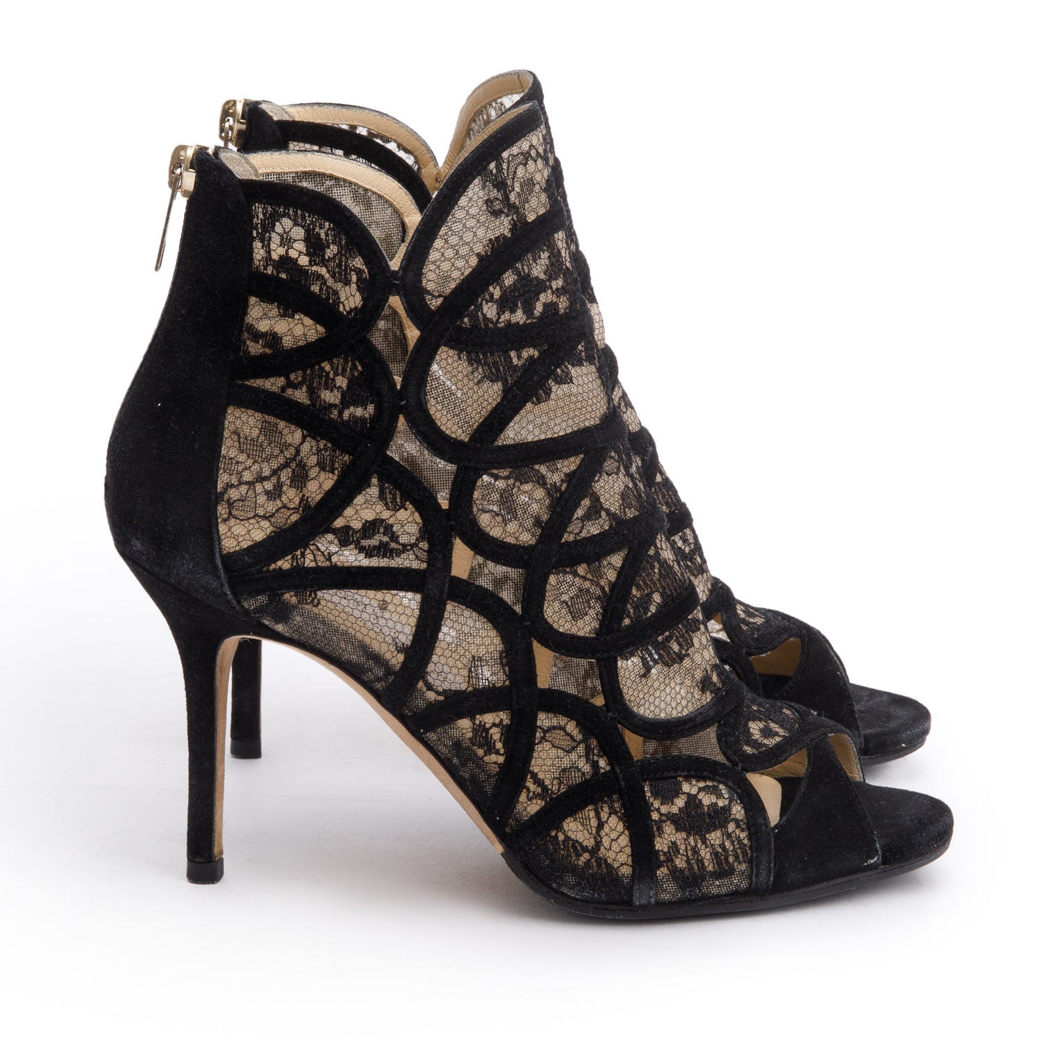 Jimmy Choo Black Fauna Lace Suede Peep Toe Booties, Size 36.5