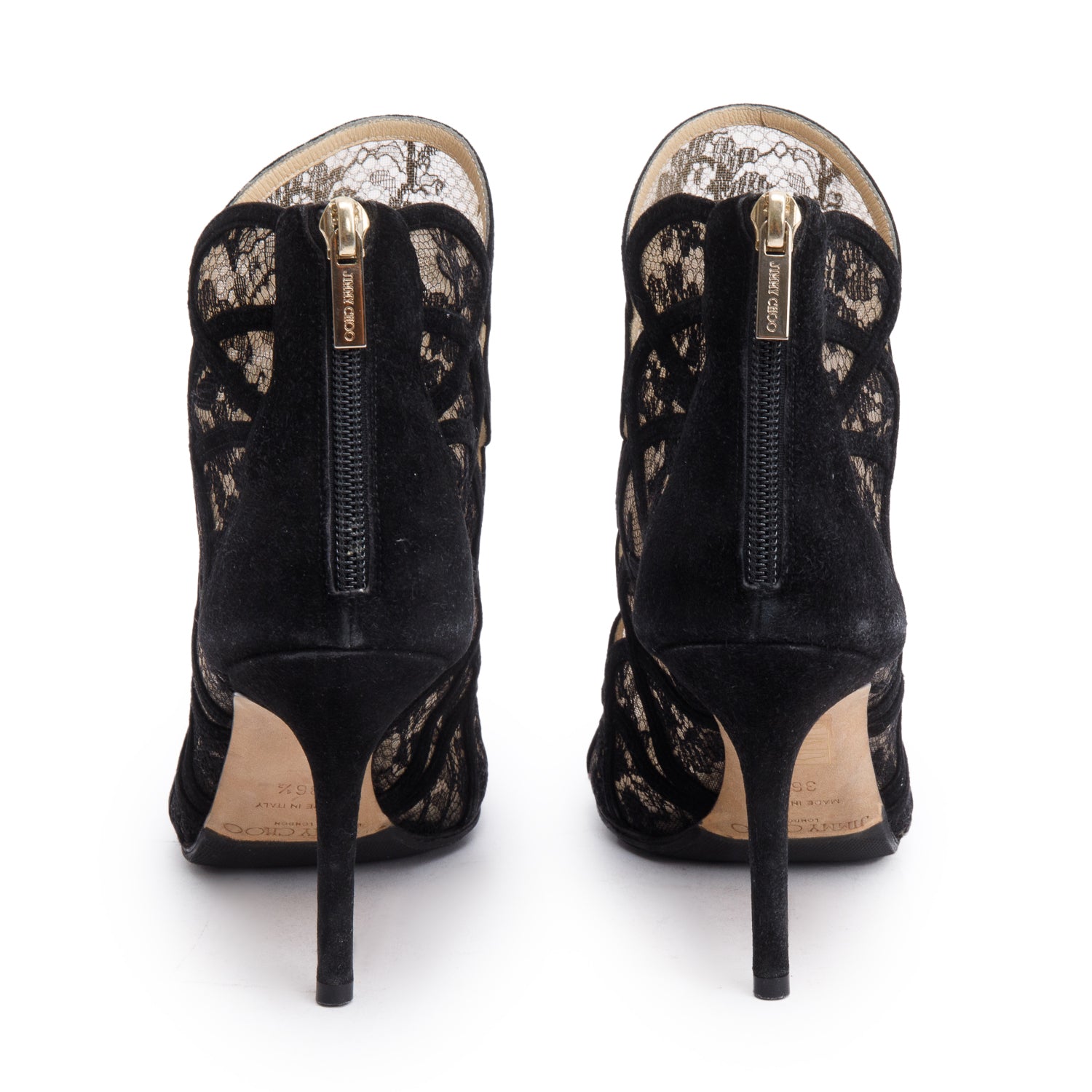 Jimmy Choo Black Fauna Lace Suede Peep Toe Booties, Size 36.5