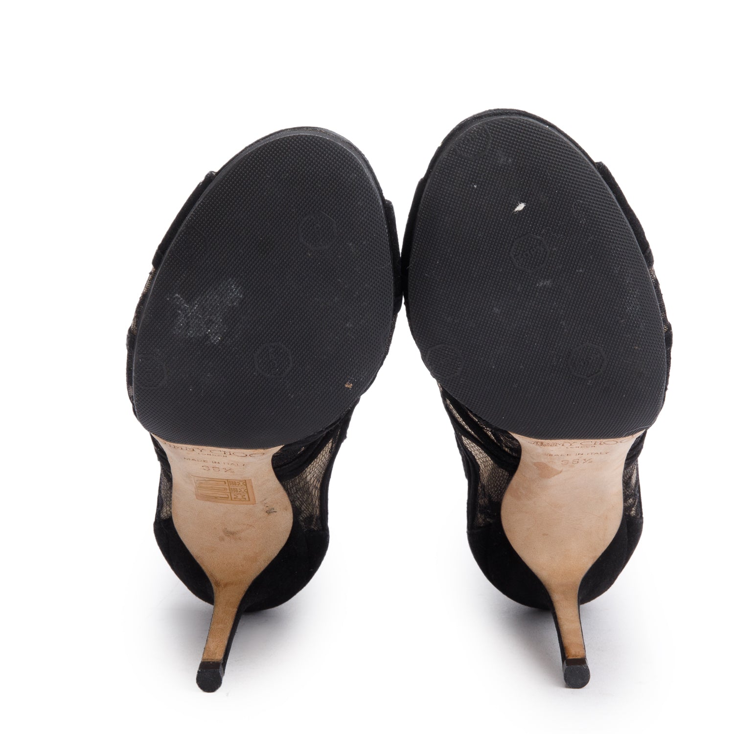Jimmy Choo Black Fauna Lace Suede Peep Toe Booties, Size 36.5