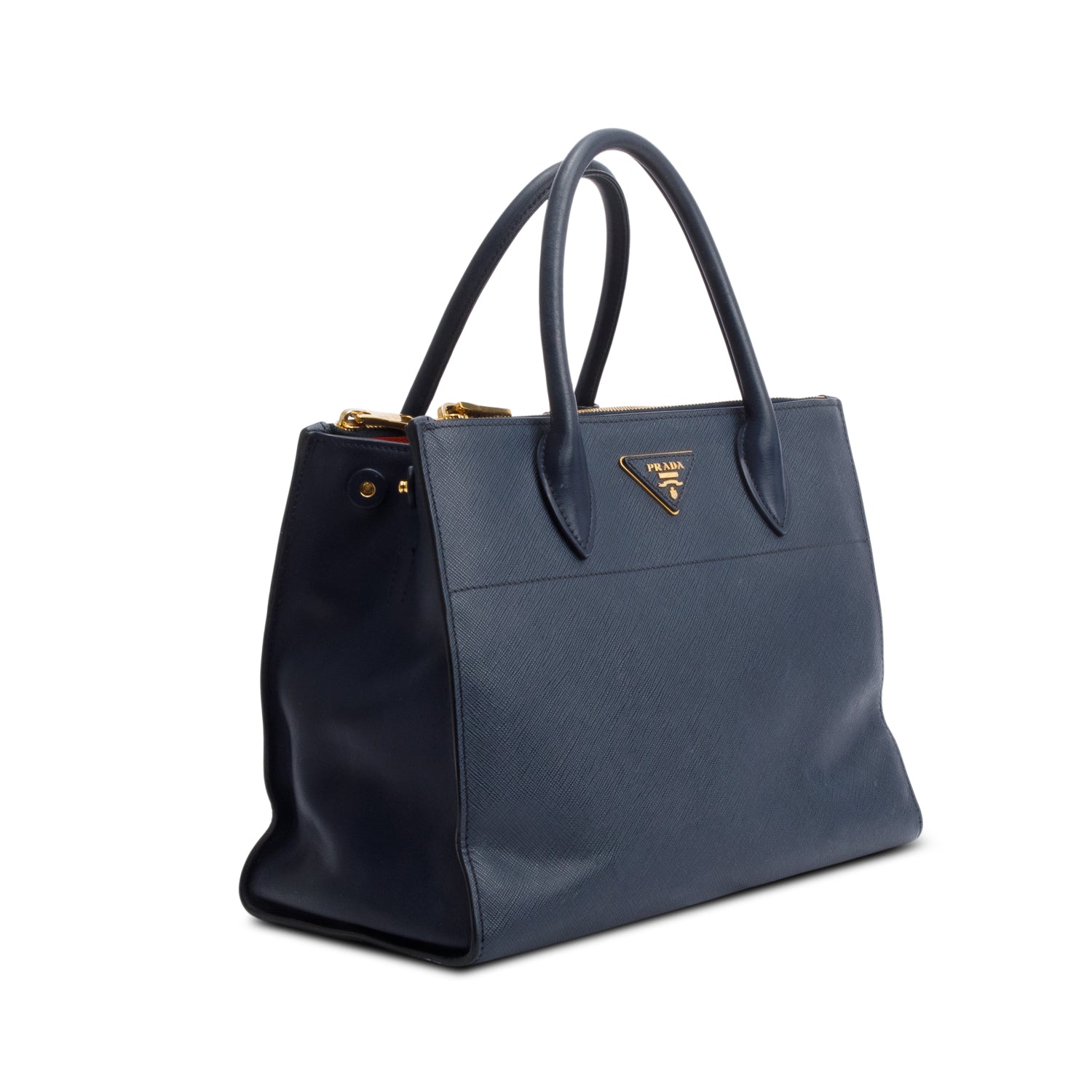 Prada Navy Saffiano & City Calf Leather Medium Greche Paradigme Tote w/ Strap & Box