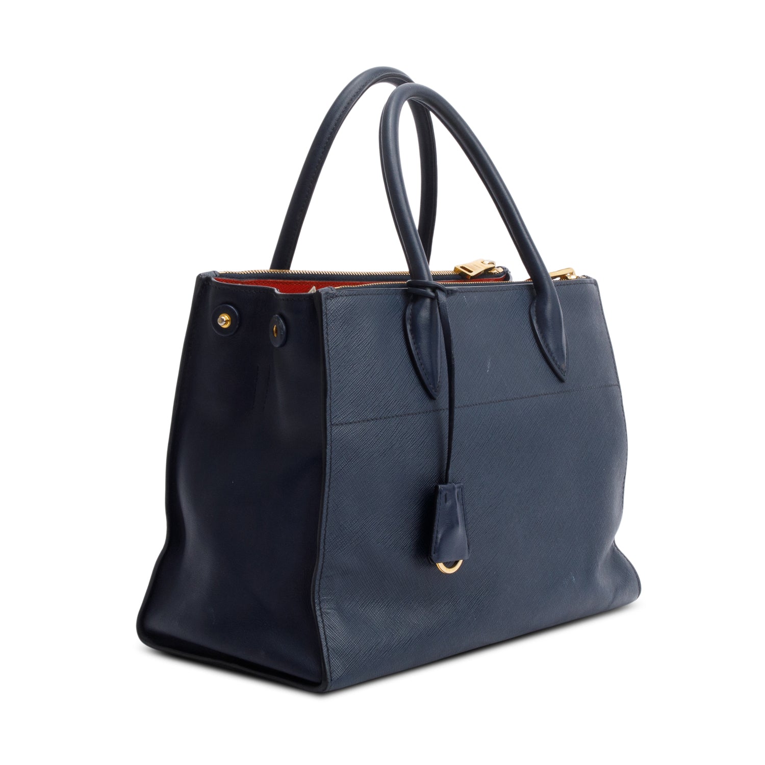 Prada Navy Saffiano & City Calf Leather Medium Greche Paradigme Tote w/ Strap & Box