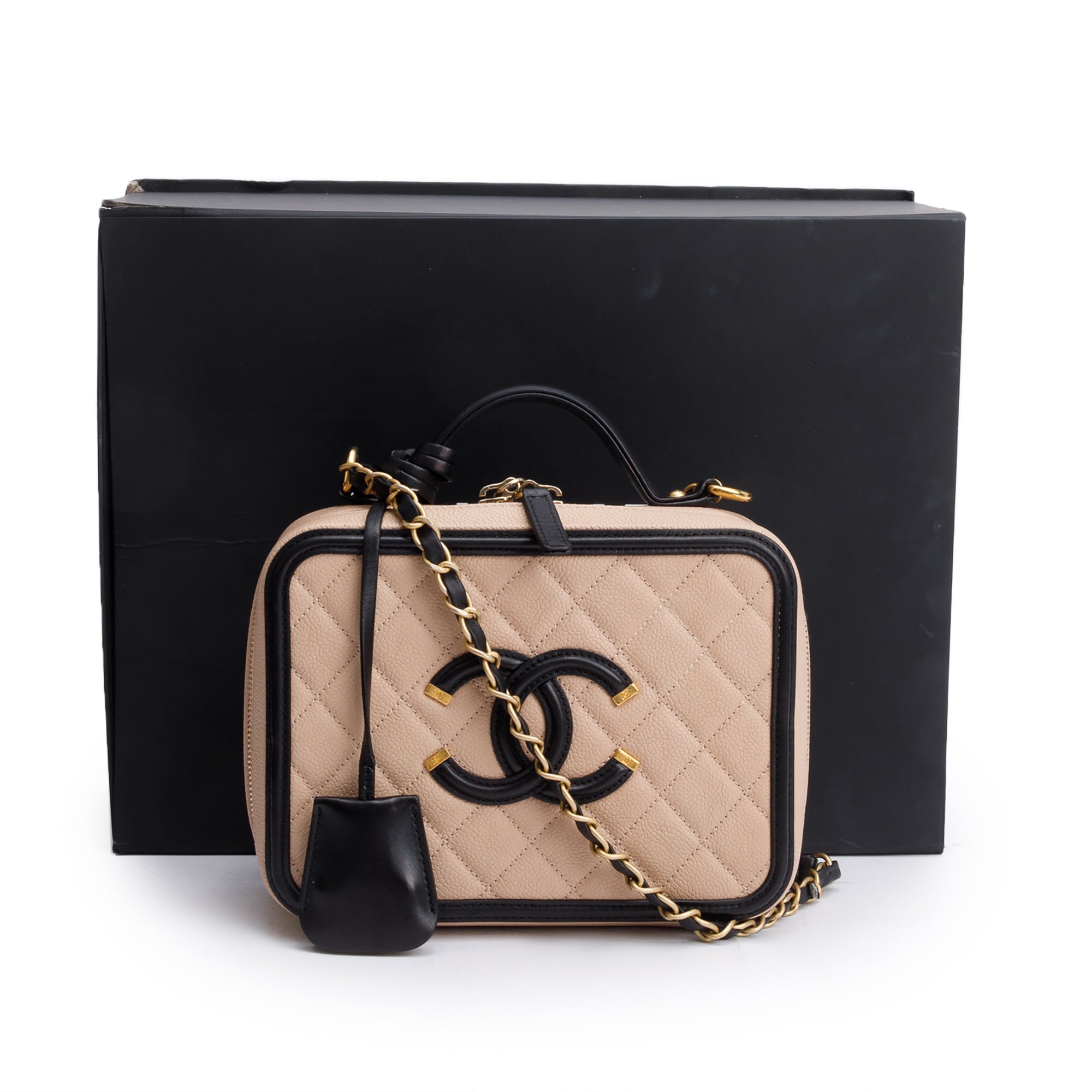 Chanel Beige Caviar Quilted Leather CC Filigree Medium Vanity Case w/ Box & Authenticity Card