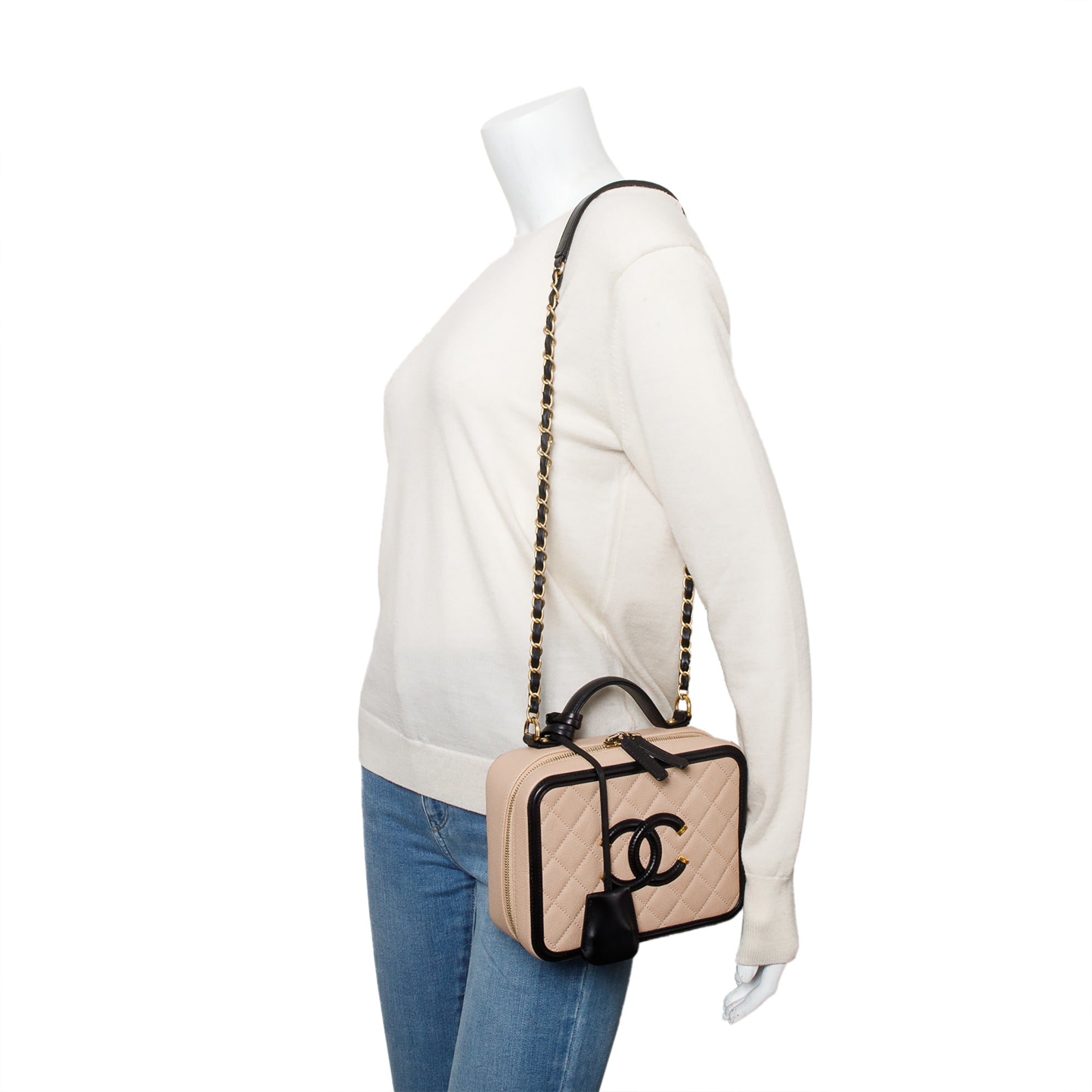 Chanel Beige Caviar Quilted Leather CC Filigree Medium Vanity Case w/ Box & Authenticity Card