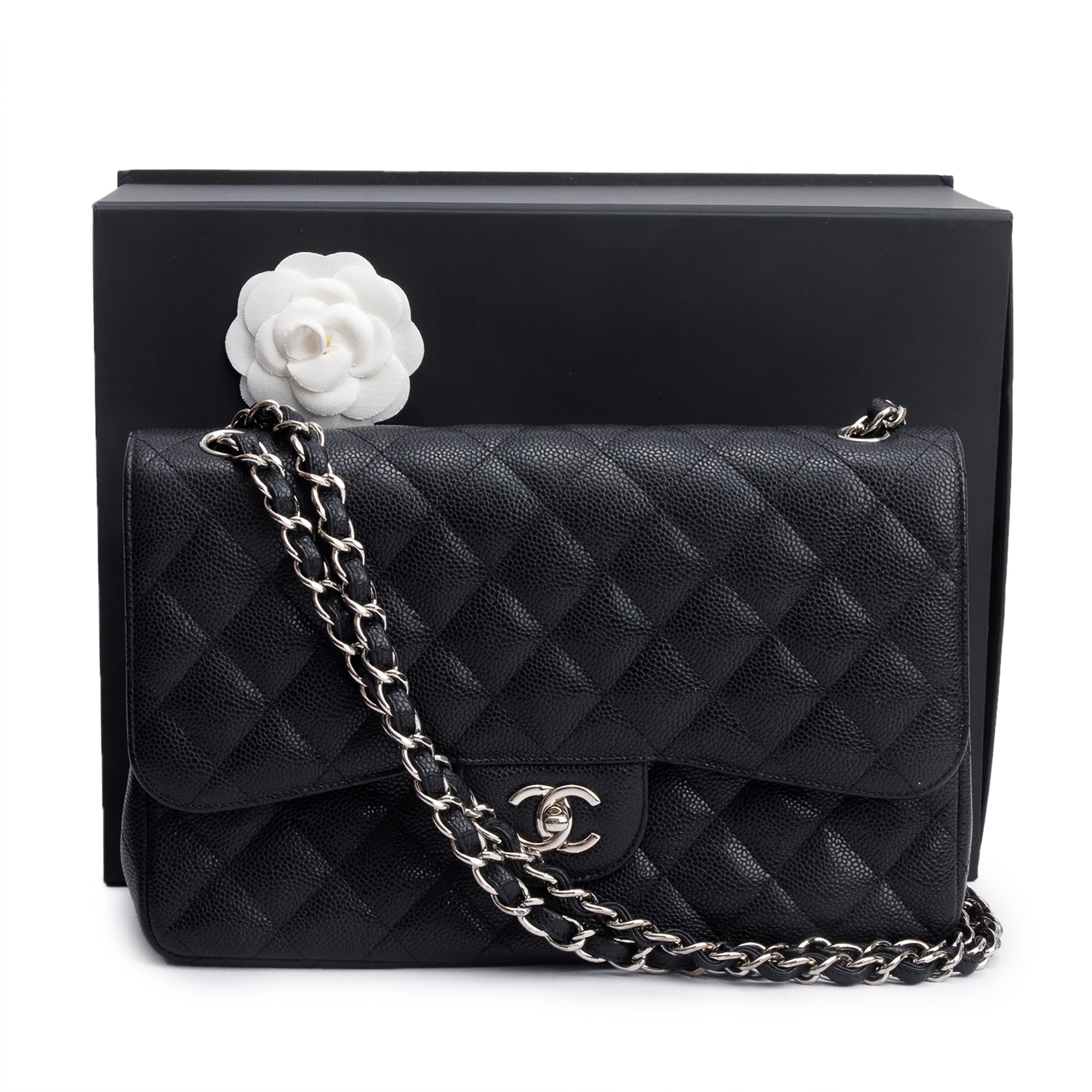 Chanel Black Quilted Caviar Leather Classic Jumbo Double Flap Bag w/ Box