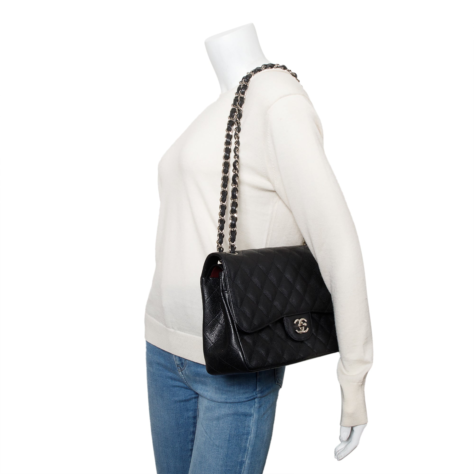 Chanel Black Quilted Caviar Leather Classic Jumbo Double Flap Bag w/ Box