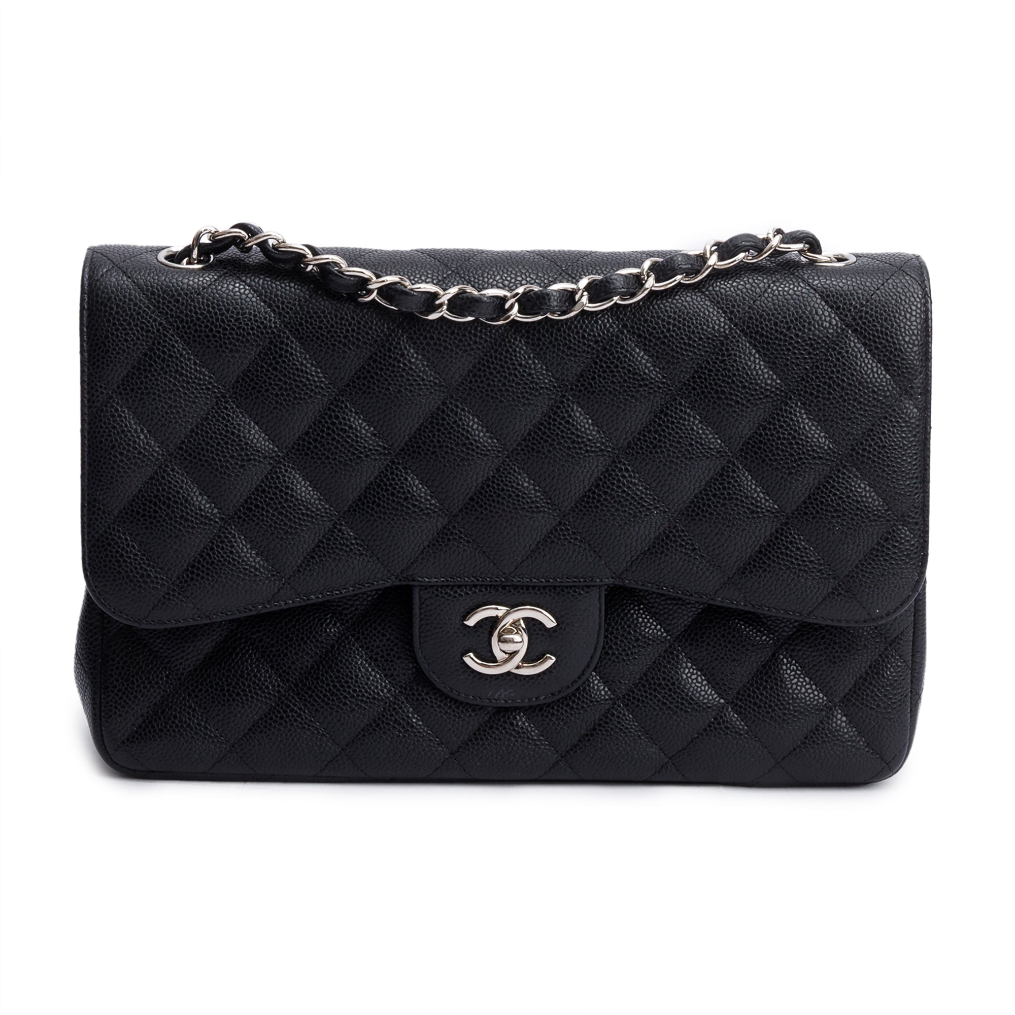 Chanel Black Quilted Caviar Leather Classic Jumbo Double Flap Bag w/ Box