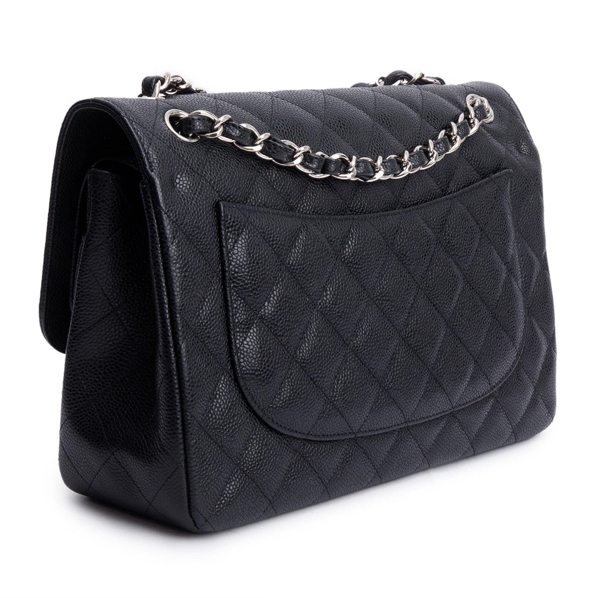 Chanel Black Quilted Caviar Leather Classic Jumbo Double Flap Bag w/ Box