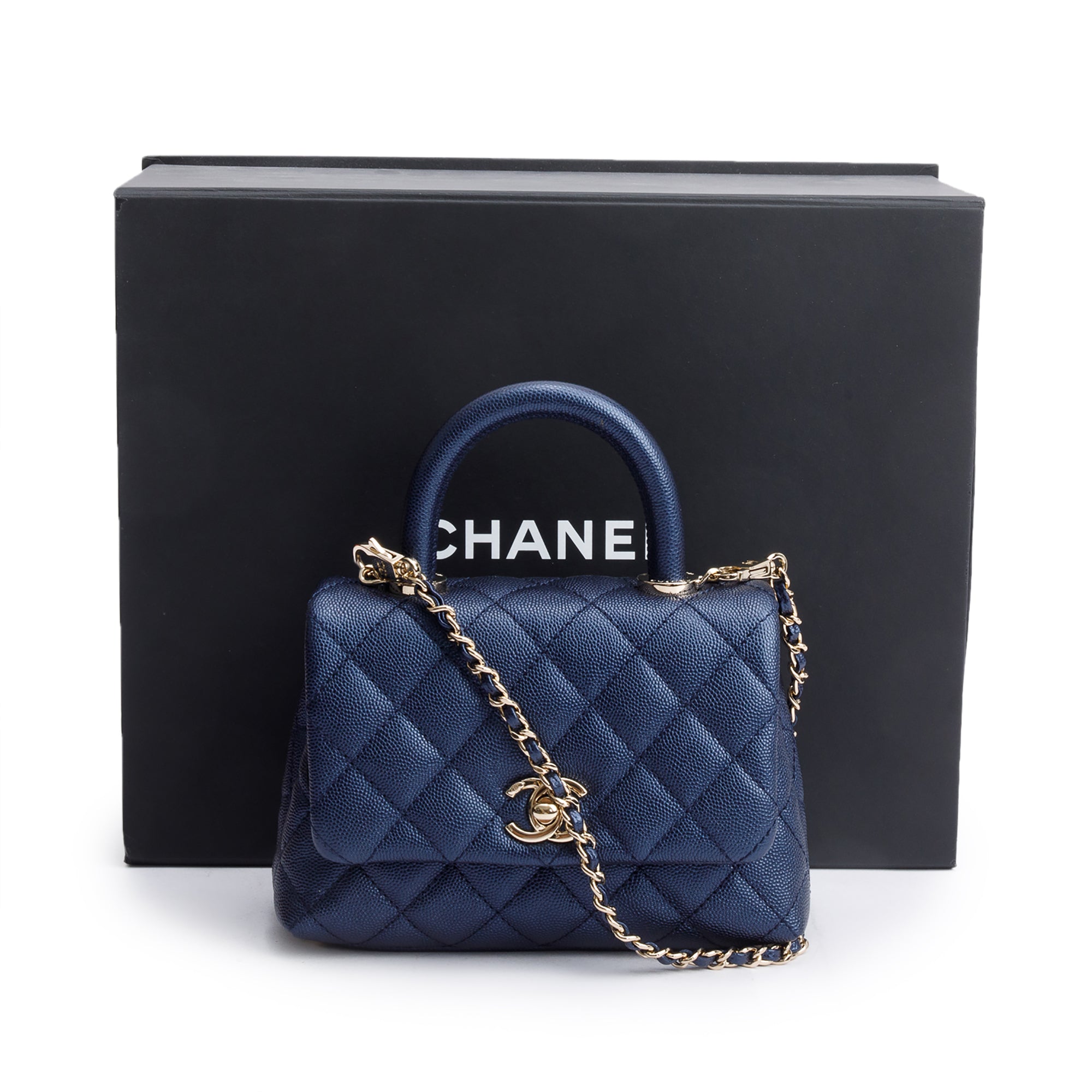 Chanel 2020 Blue Irisdescent Quilted Caviar Leather Mini Coco Top Handle Flap Bag w/ Box & Authenticity Card