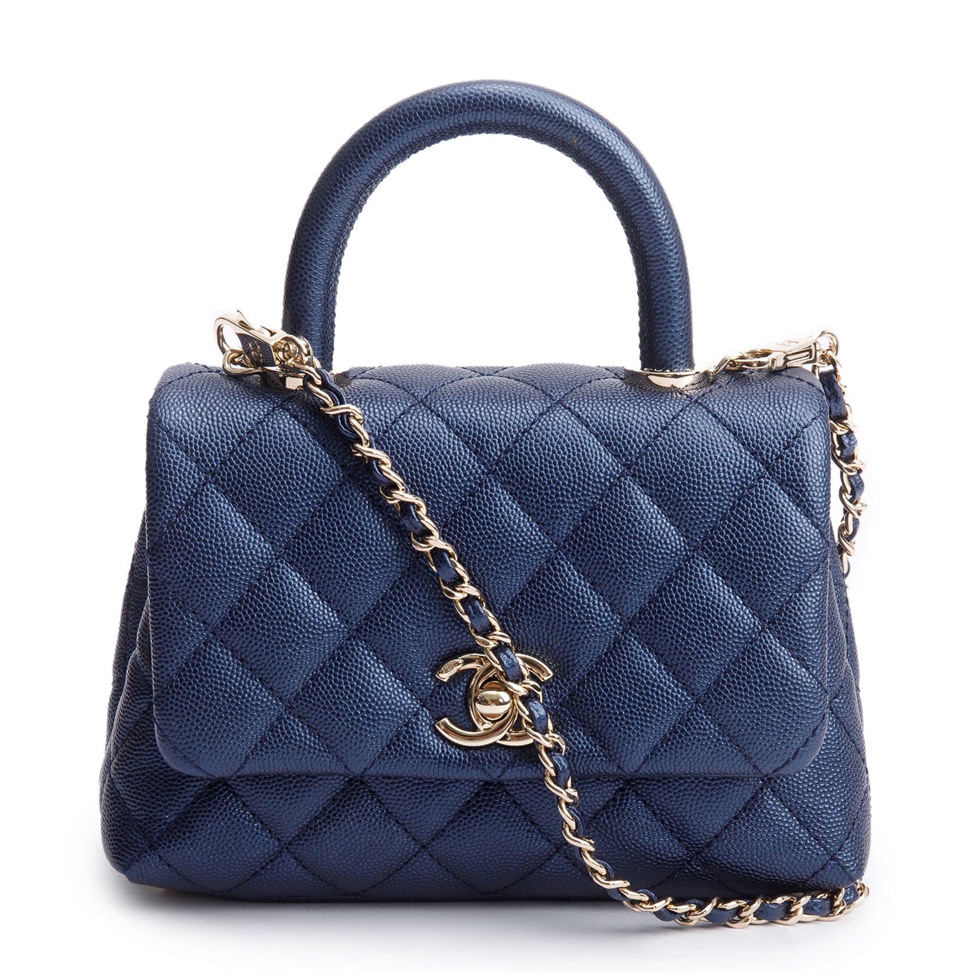 Chanel 2020 Blue Irisdescent Quilted Caviar Leather Mini Coco Top Handle Flap Bag w/ Box & Authenticity Card