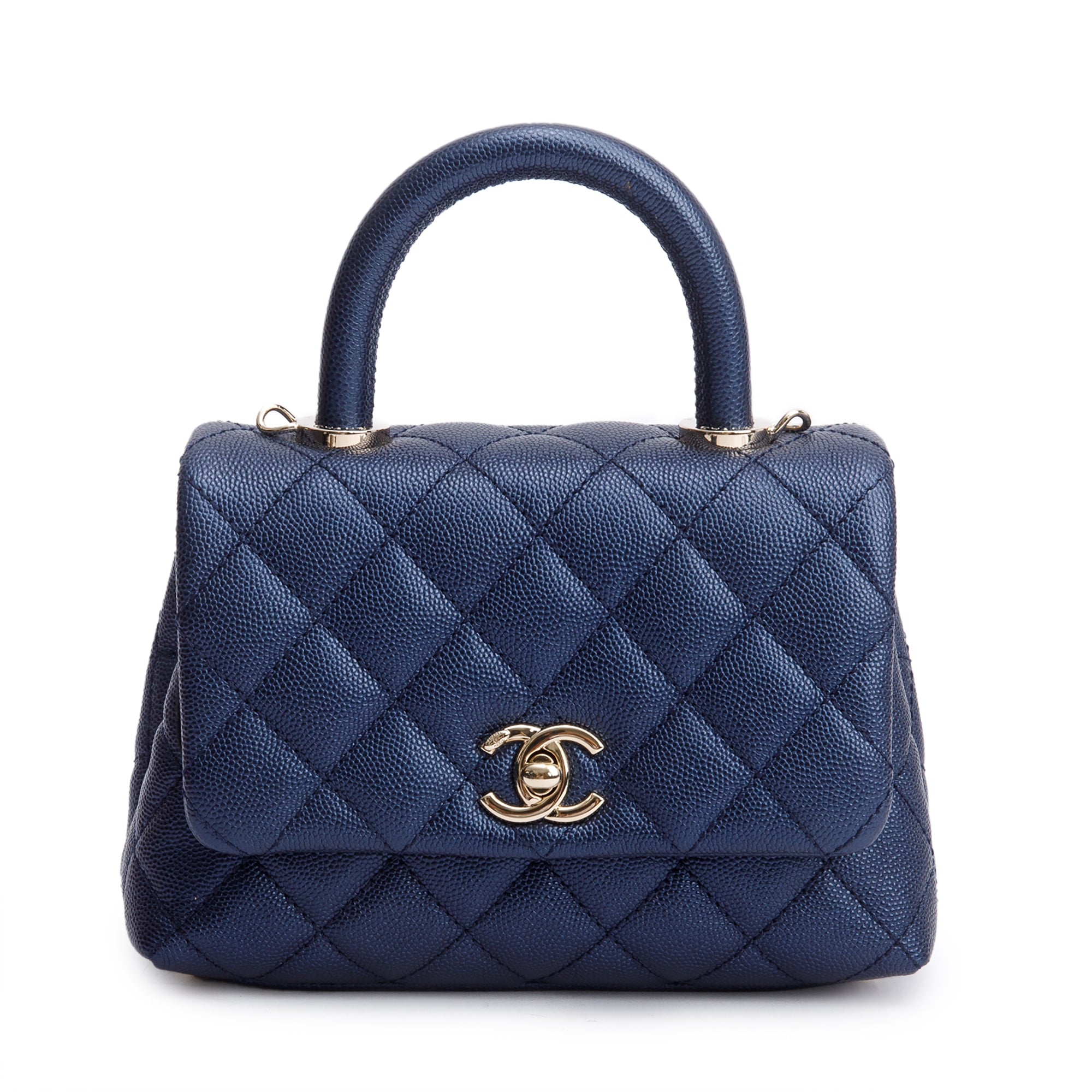 Chanel 2020 Blue Irisdescent Quilted Caviar Leather Mini Coco Top Handle Flap Bag w/ Box & Authenticity Card