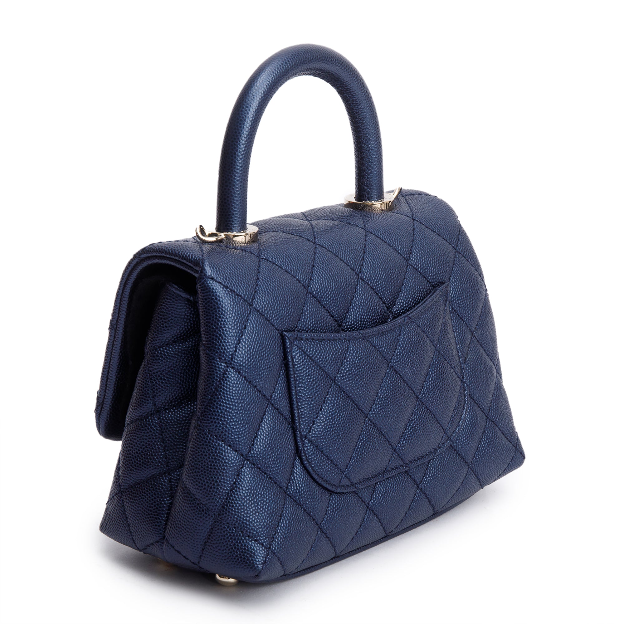 Chanel 2020 Blue Irisdescent Quilted Caviar Leather Mini Coco Top Handle Flap Bag w/ Box & Authenticity Card