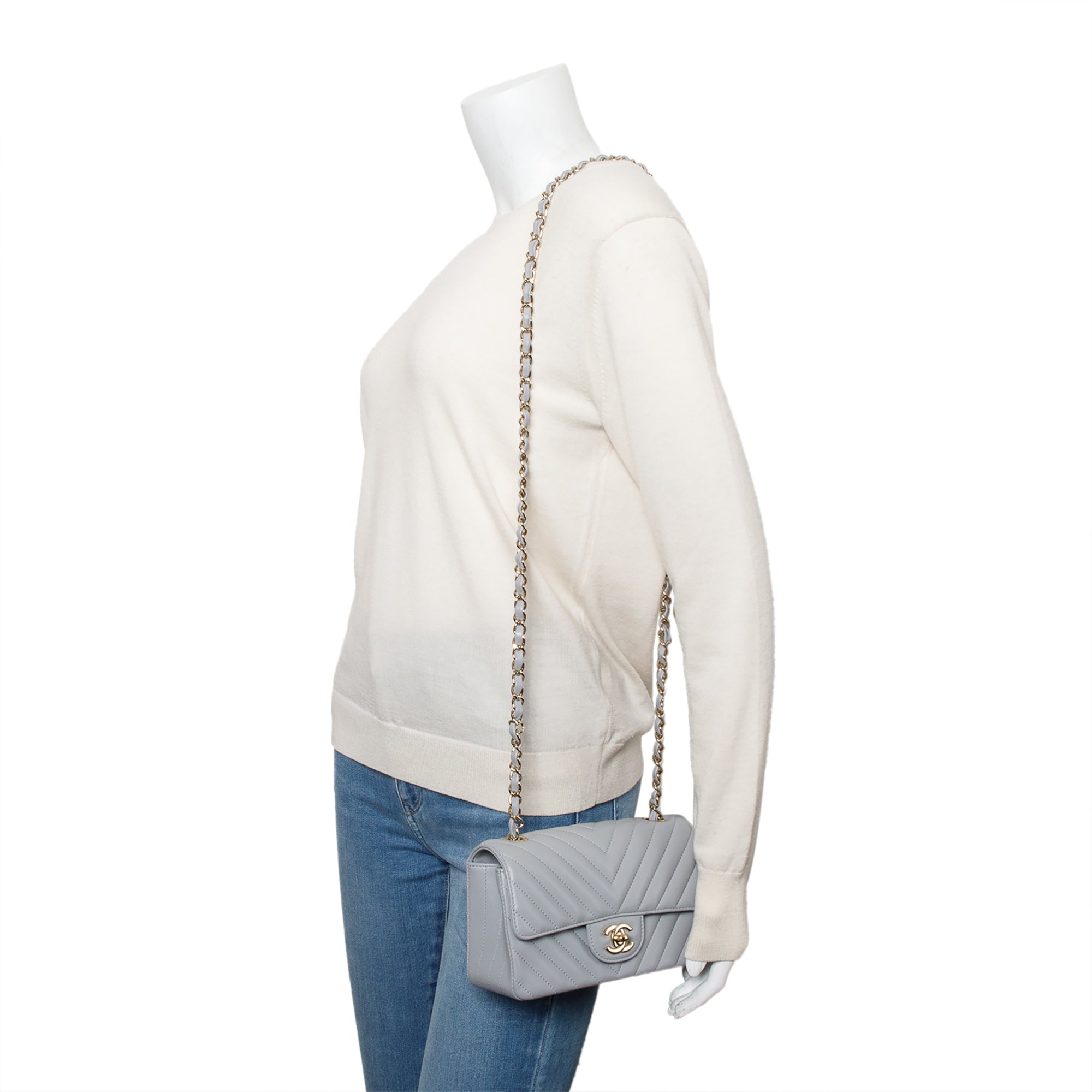 Chanel Grey Chevron Quilted Lambskin Leather Classic Mini Rectangular Flap Bag w/ Box