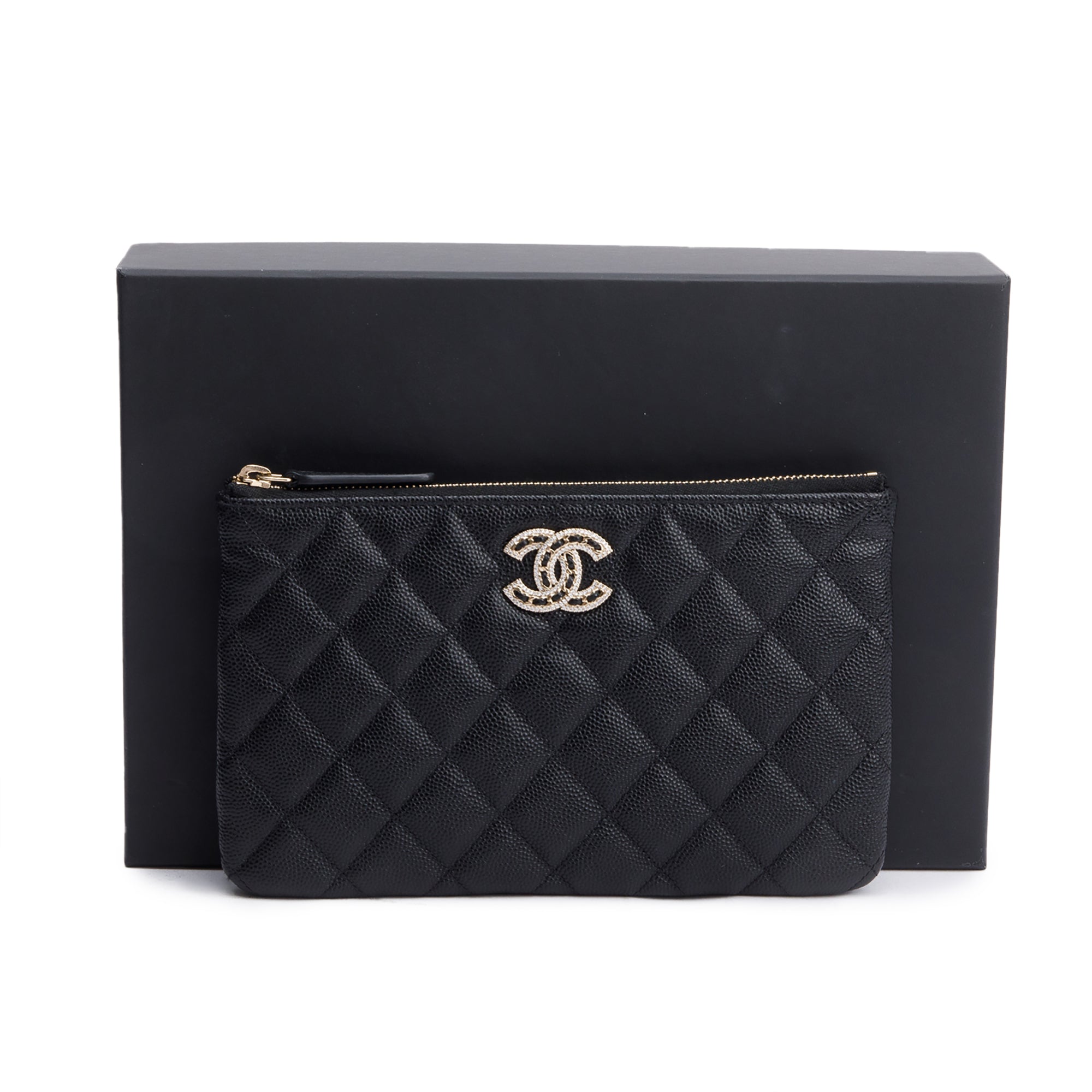 Chanel 2021 Black Quilted Caviar Leather Small O-Case Clutch  w/ Box, Receipt & Authenticity Card