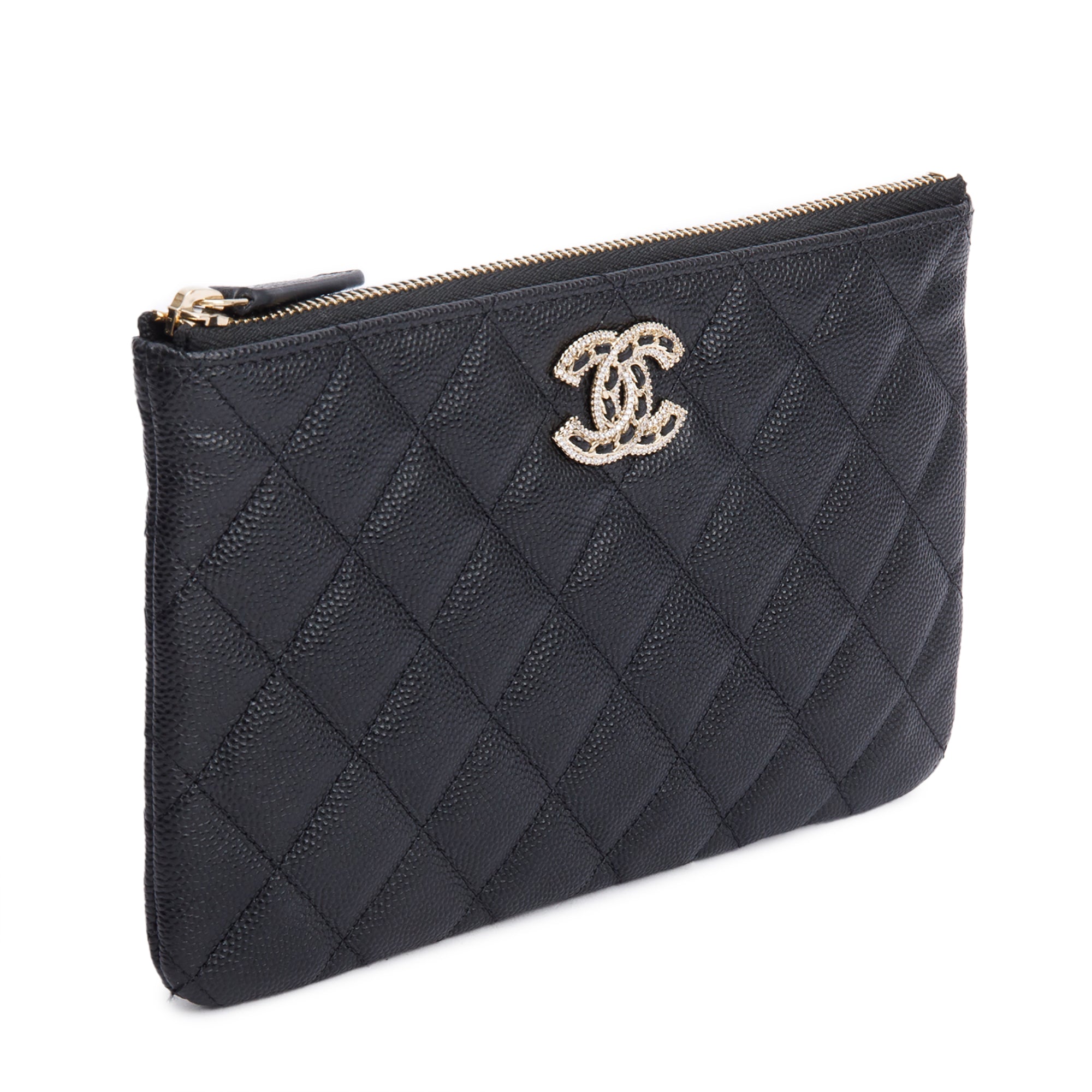 Chanel 2021 Black Quilted Caviar Leather Small O-Case Clutch  w/ Box, Receipt & Authenticity Card