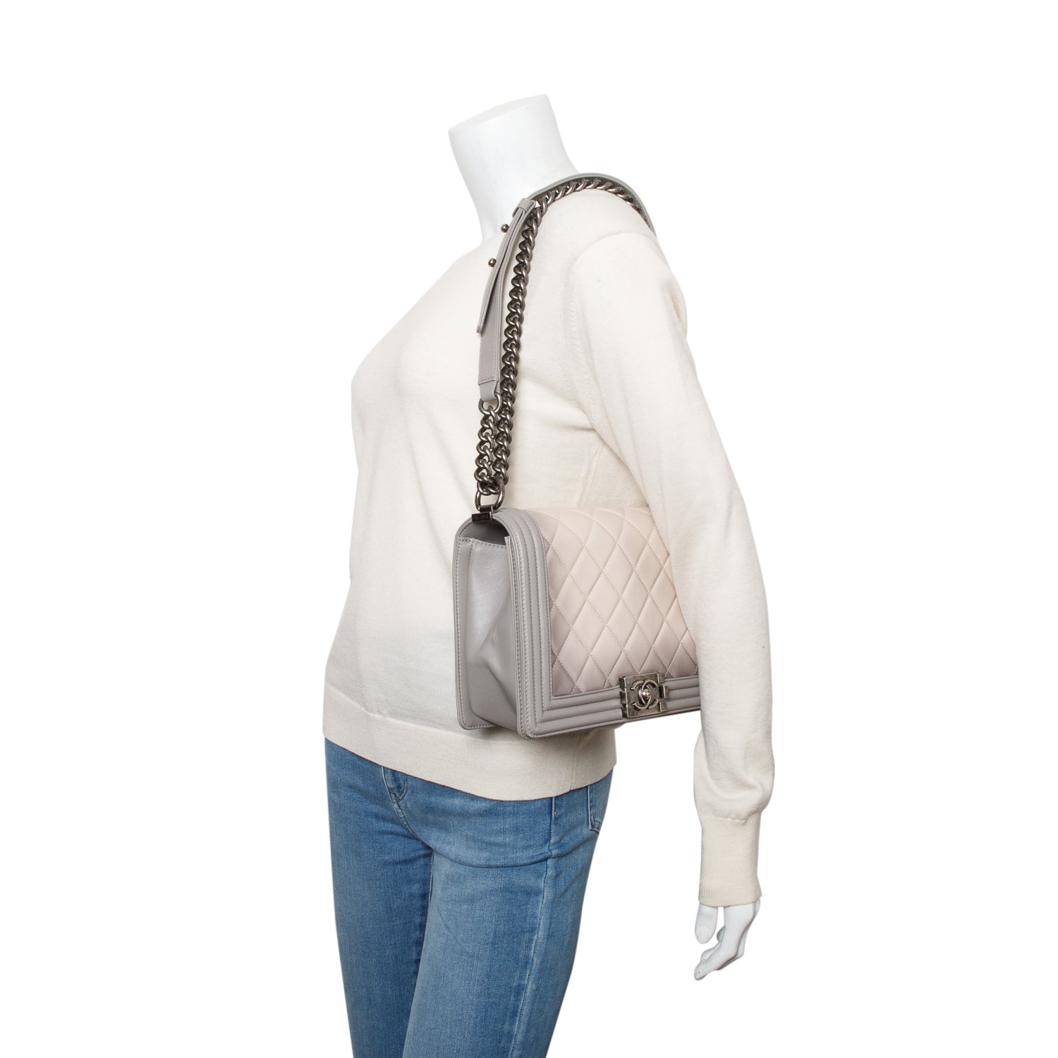 Chanel Grey Ombre Quilted Lambskin Leather Large Boy Bag w/ Authenticity Card