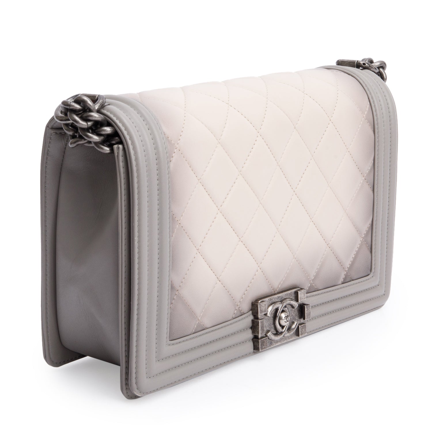 Chanel Grey Ombre Quilted Lambskin Leather Large Boy Bag w/ Authenticity Card