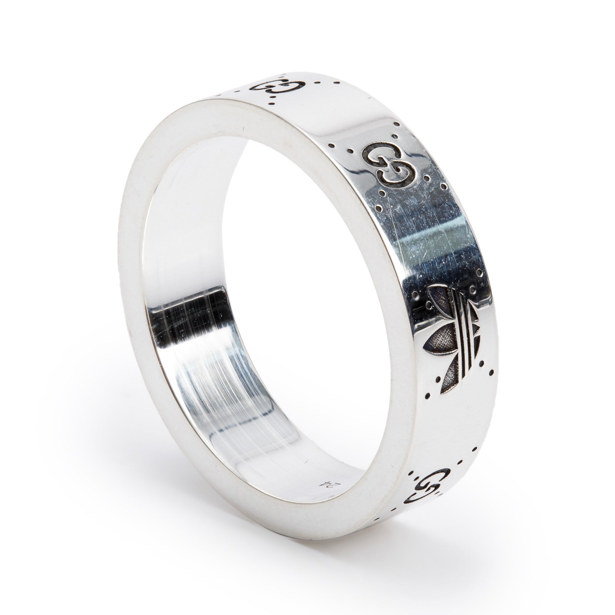 Gucci x Adidas Sterling Silver Engraved GG Wide 6 MM Band Ring, Size 24 10.5 w/ Box