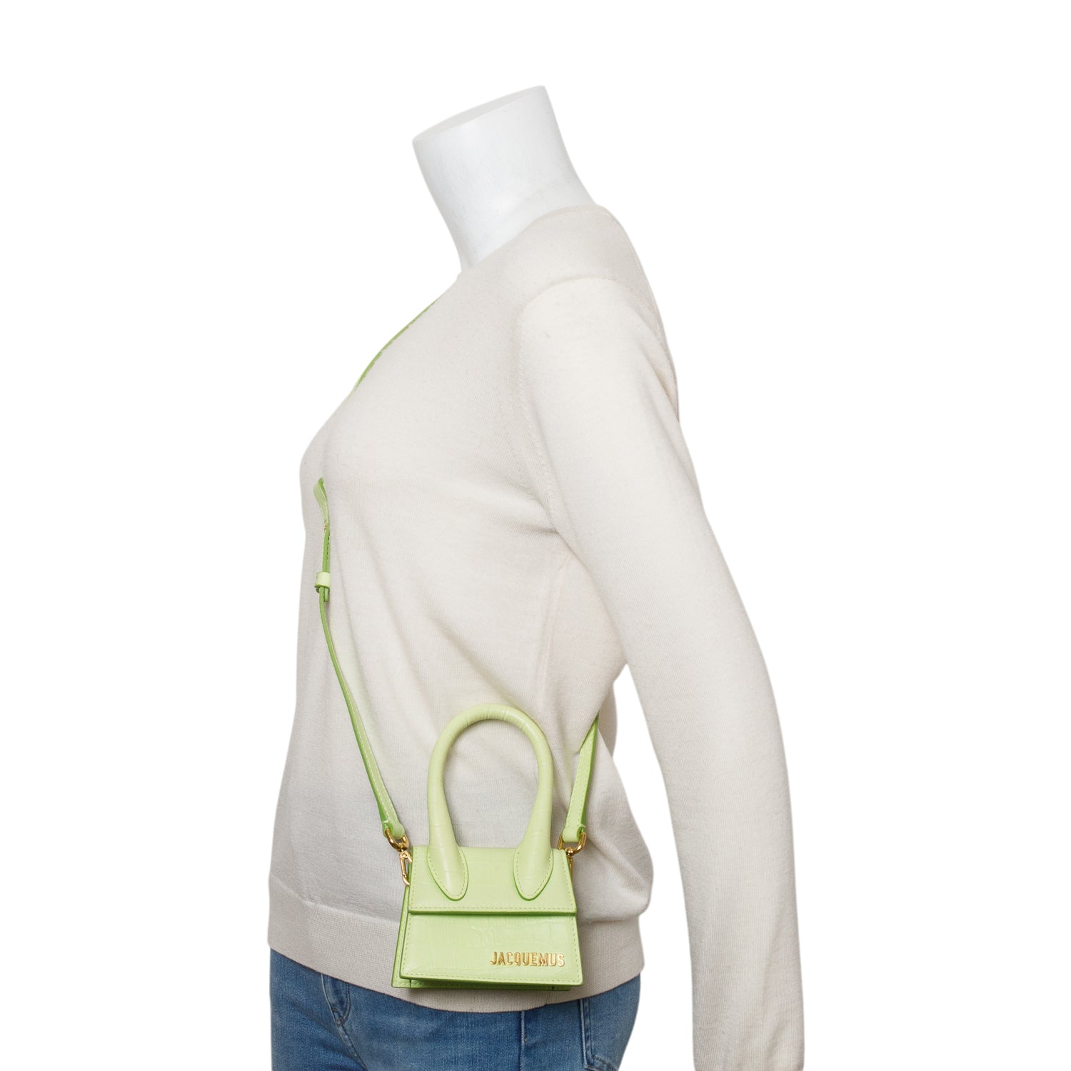 Jacquemus Green Croc-Embossed Leather Mini Signature Le Chiquito Handle Bag w/ Strap