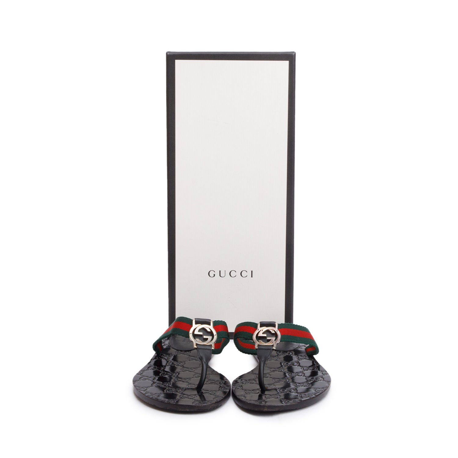 Gucci Black Signature Leather Web Interlocking G Thong Sandals, Size 35.5 w/ Box