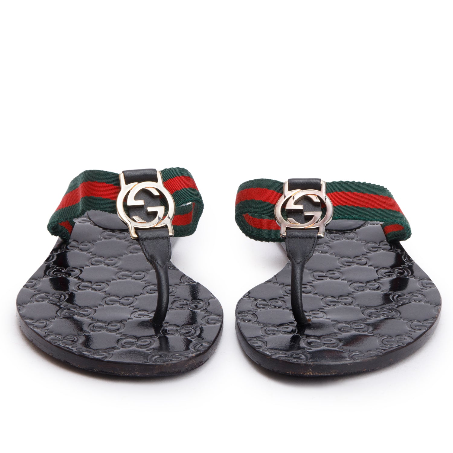 Gucci Black Signature Leather Web Interlocking G Thong Sandals, Size 35.5 w/ Box