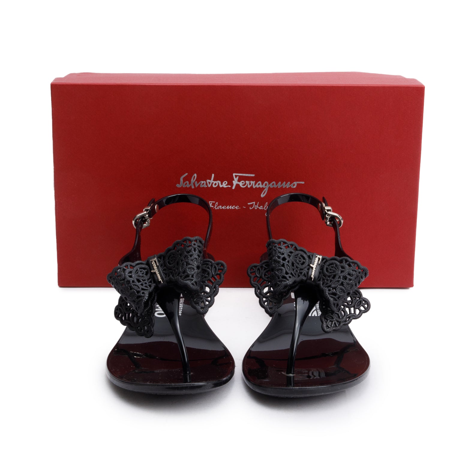 Salvatore Ferragamo Black Rubber Perala Ferra Bow Accent T-Strap Slingback Sandals, Size 7 w/ Box