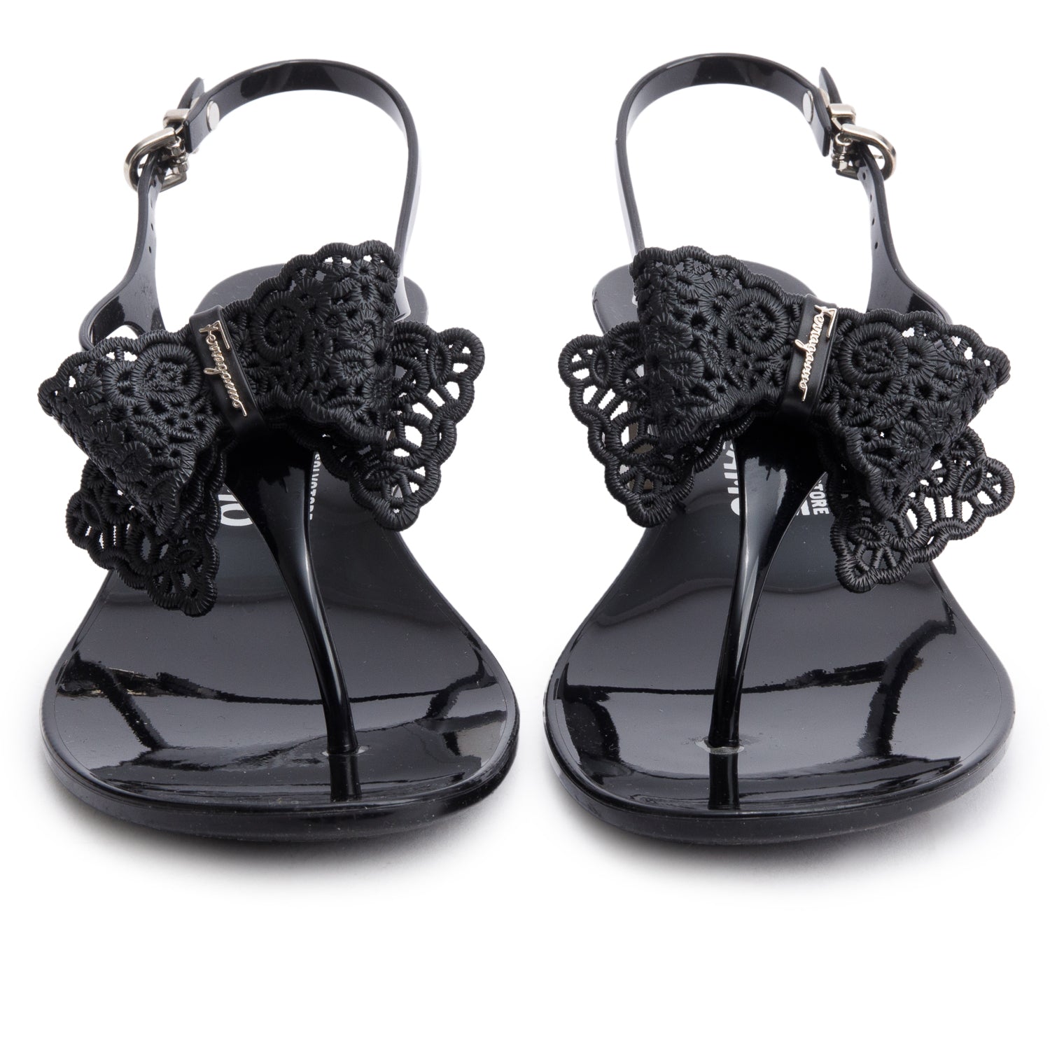 Salvatore Ferragamo Black Rubber Perala Ferra Bow Accent T-Strap Slingback Sandals, Size 7 w/ Box