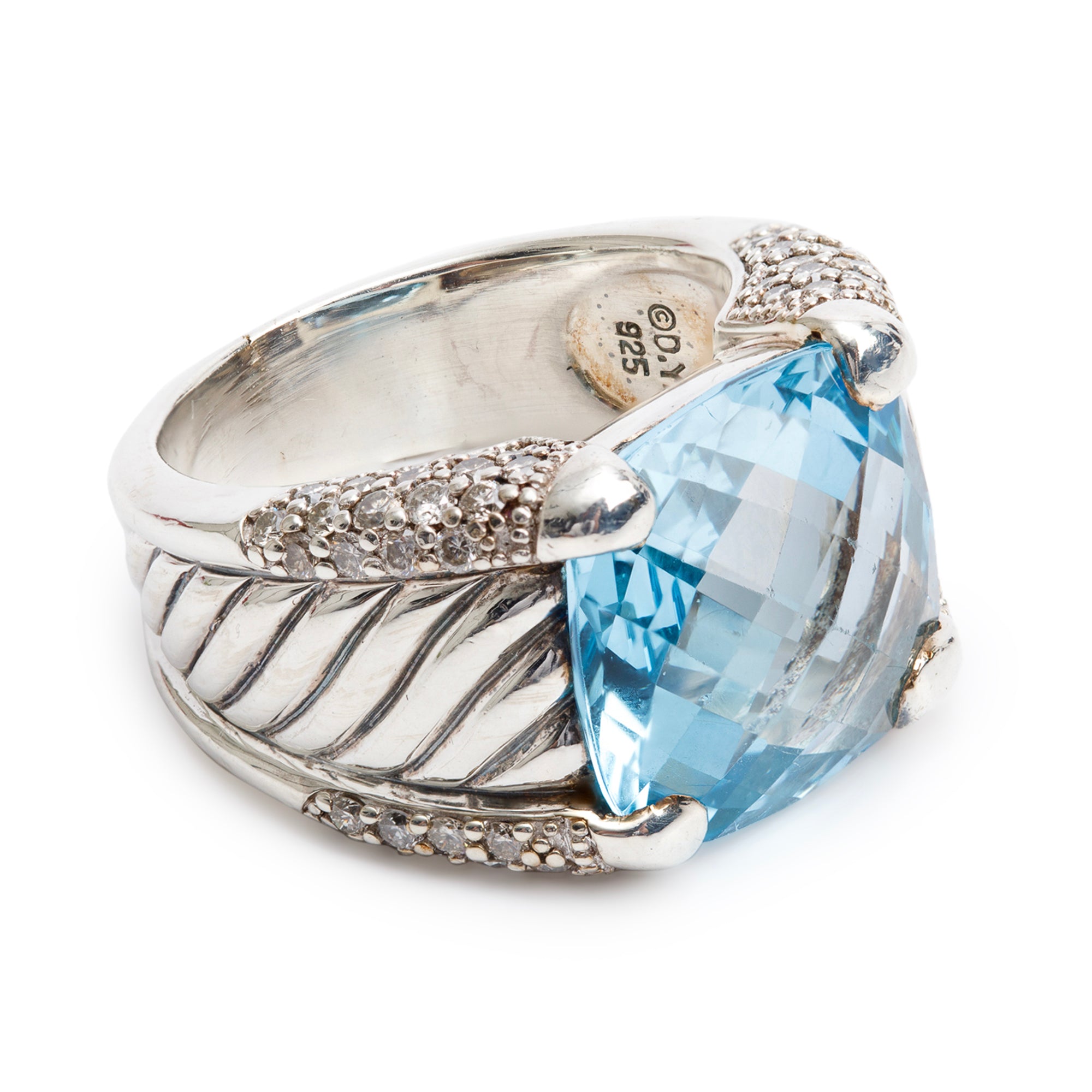 David Yurman Vintage Sterling Silver Blue Topaz & Diamond Cocktail Ring, Size 7.25