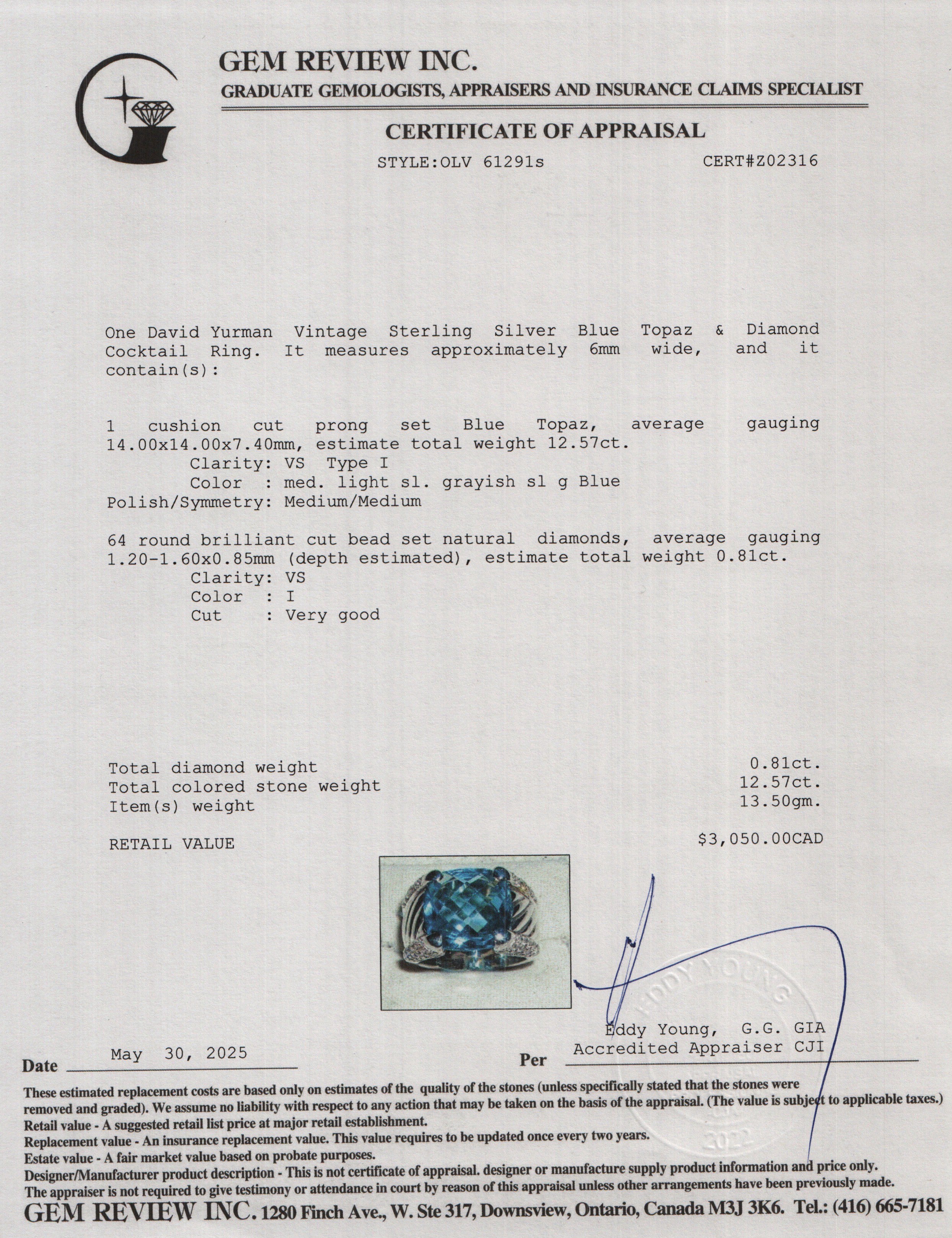 David Yurman Vintage Sterling Silver Blue Topaz & Diamond Cocktail Ring, Size 7.25