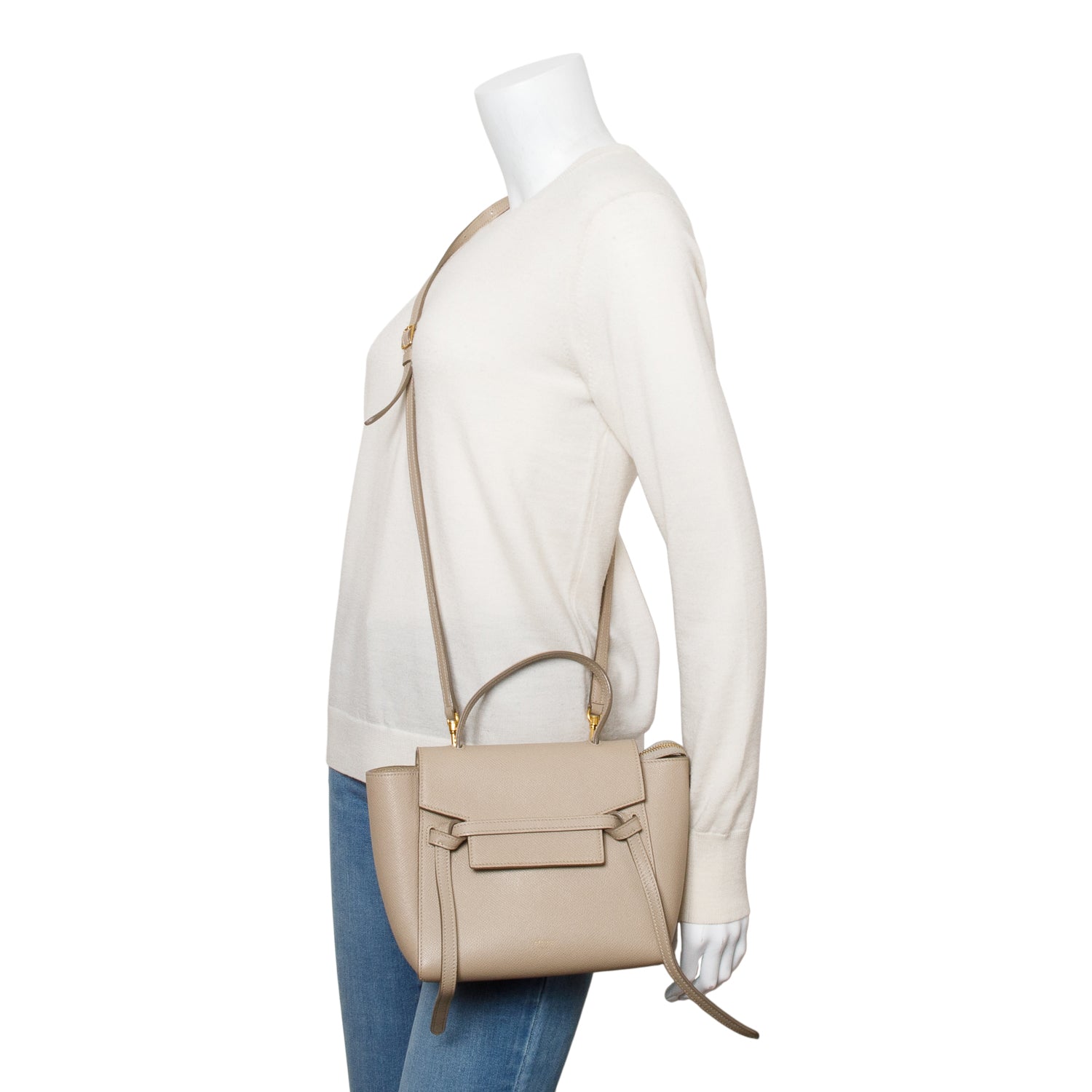 Celine Beige Grained Calfskin Leather Nano Belt Bag w/ Strap