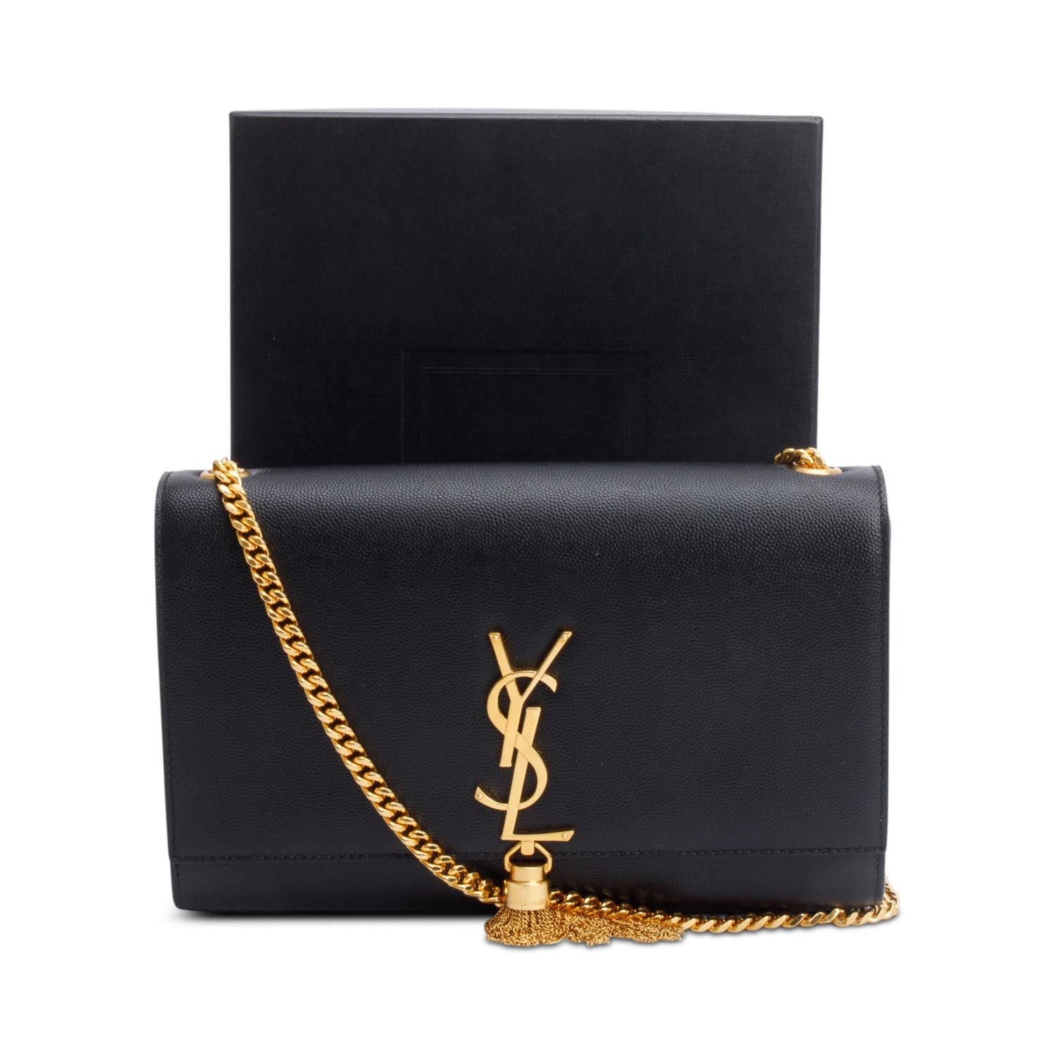 Saint Laurent 2022 Black Grain De Poudre Leather Medium Classic Monogram Kate Tassel Chain Bag w/ Box