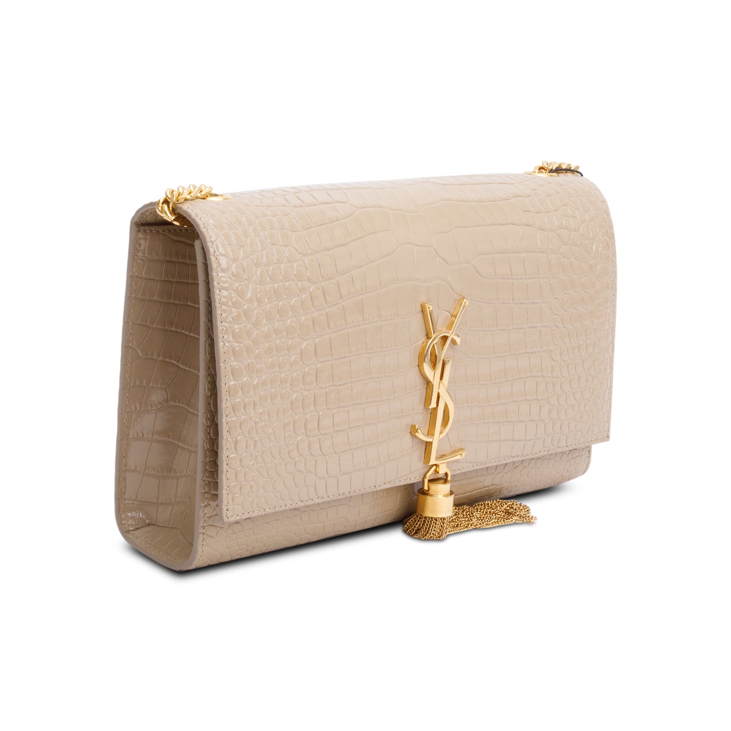 Saint Laurent 2023 Beige Crocodile-Embossed Leather Medium Classic Monogram Kate Tassel Chain Bag w/ Box