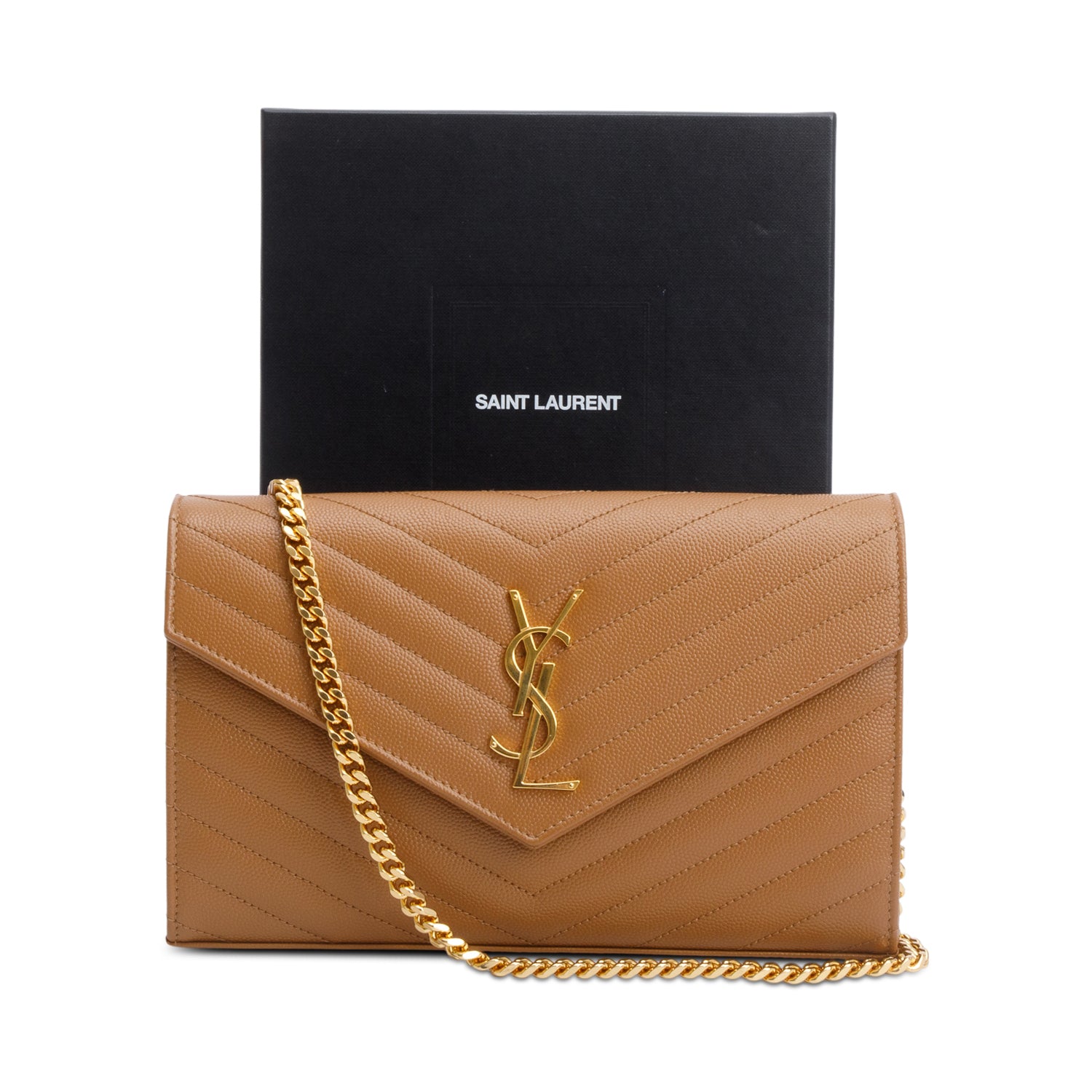 Saint Laurent Brown Cassandre Matelasse Envelope Chain Wallet w/ Box