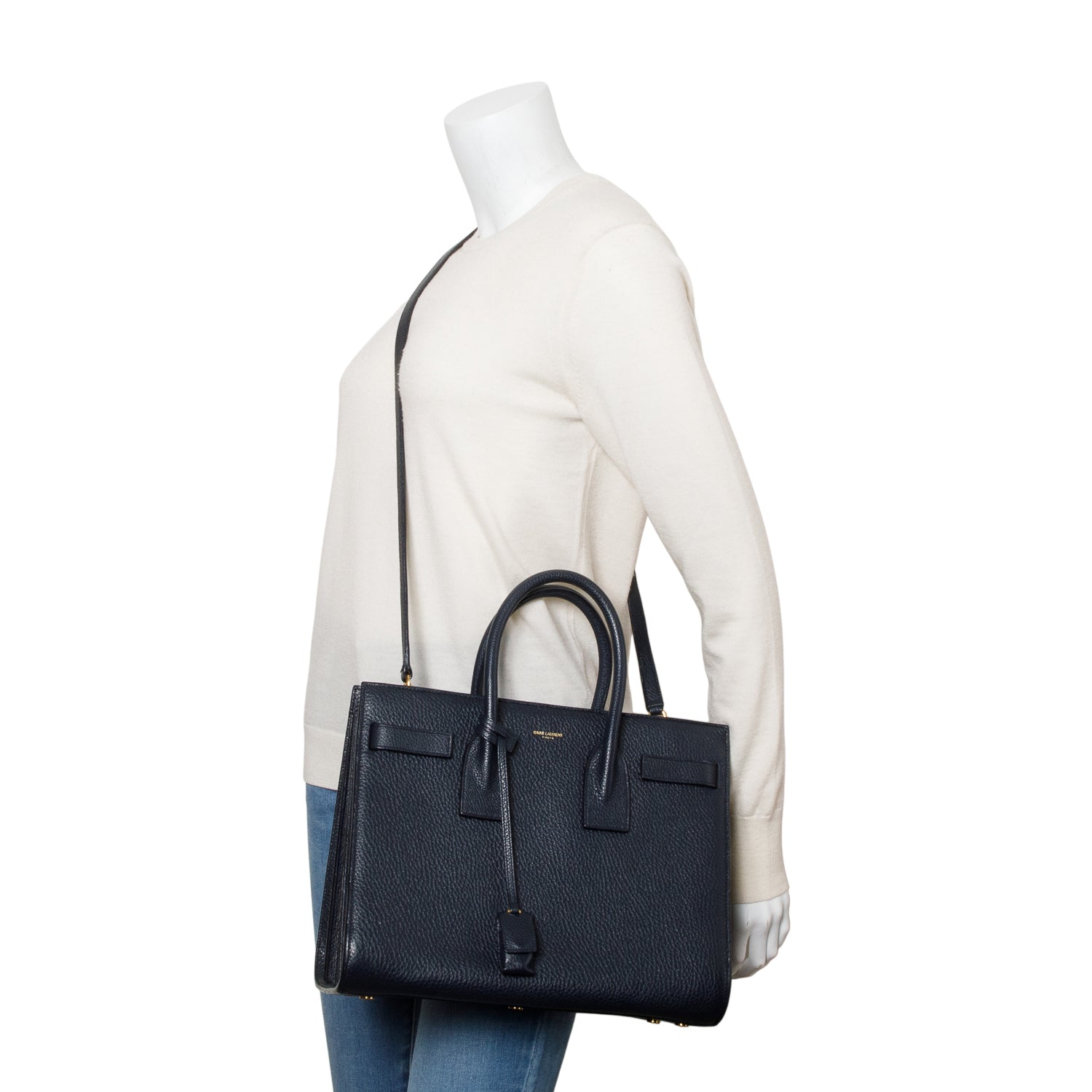 Saint Laurent Navy Grained Calfskin Leather Small Sac De Jour w/ Strap