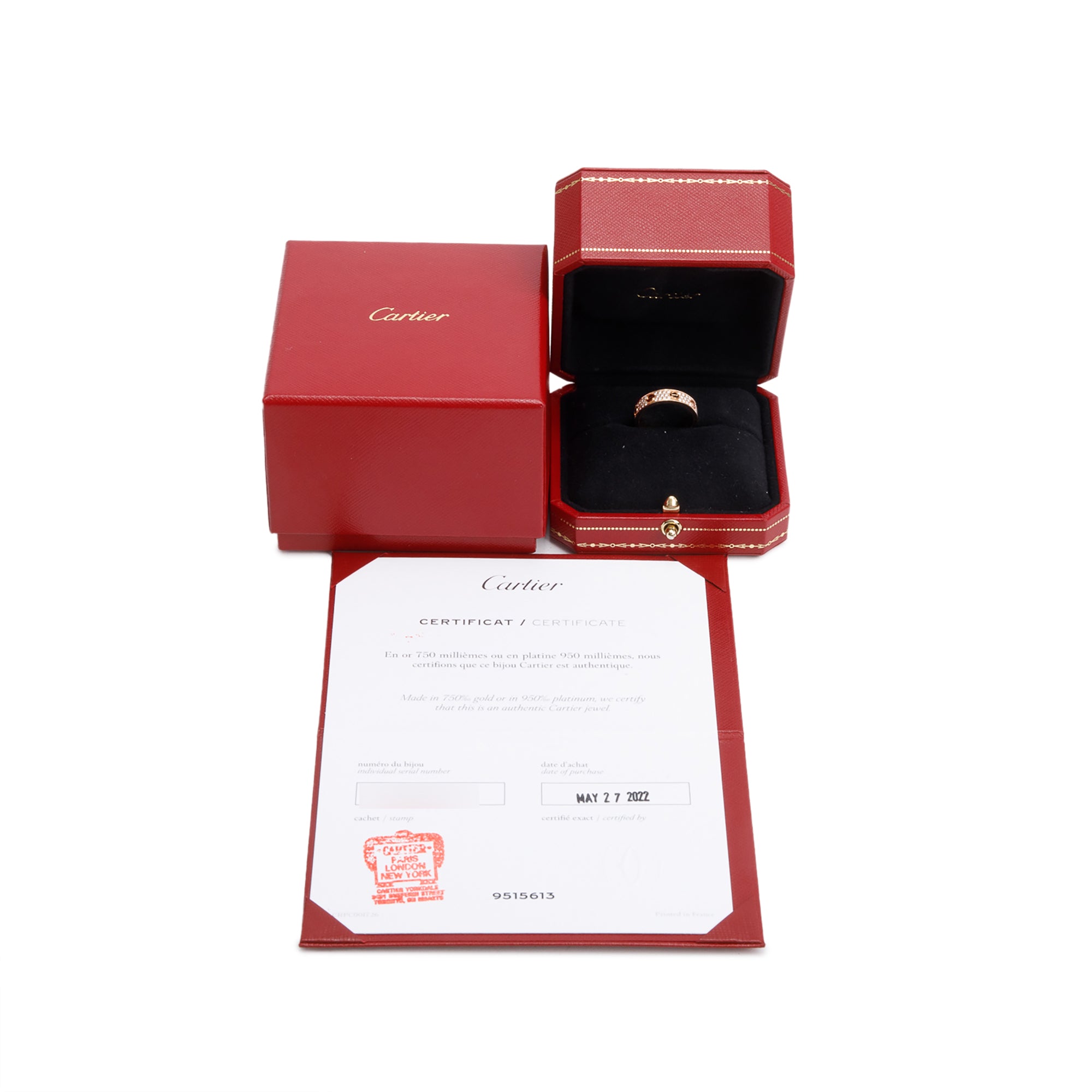 Cartier 18k Rose Gold Paved Diamond Love Ring, Small Model Size 54 7 w/ Box, Receipt & Certificate