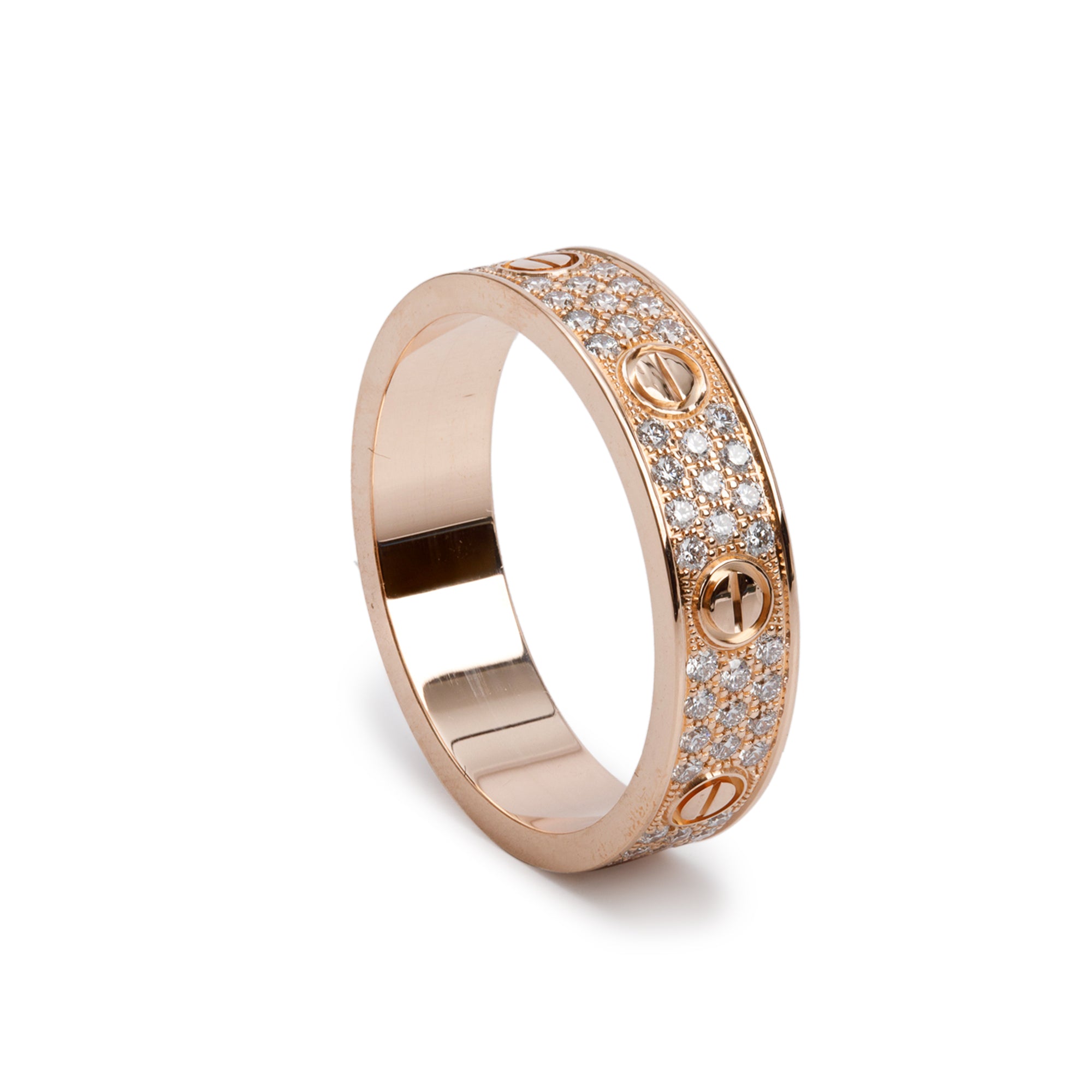 Cartier 18k Rose Gold Paved Diamond Love Ring, Small Model Size 54 7 w/ Box, Receipt & Certificate