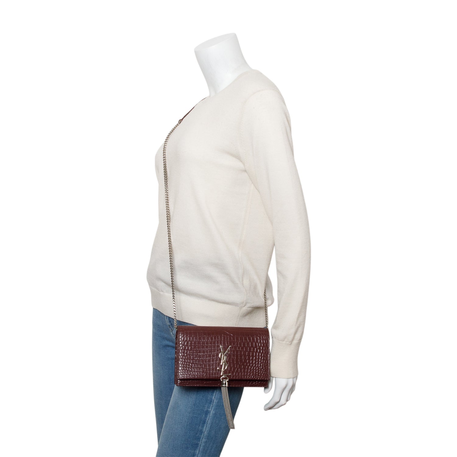 Saint Laurent Burgundy Croc Embossed Leather Kate Tassel Wallet on Chain