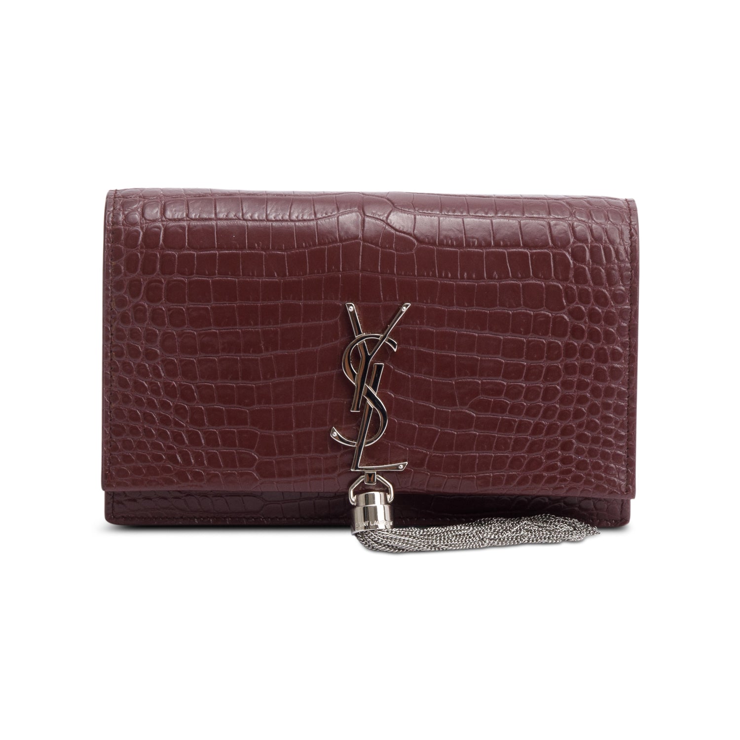 Saint Laurent Burgundy Croc Embossed Leather Kate Tassel Wallet on Chain