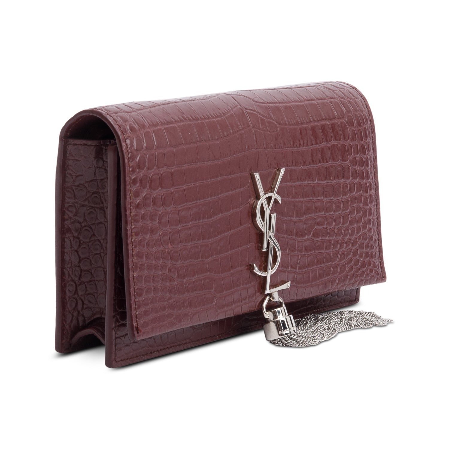 Saint Laurent Burgundy Croc Embossed Leather Kate Tassel Wallet on Chain
